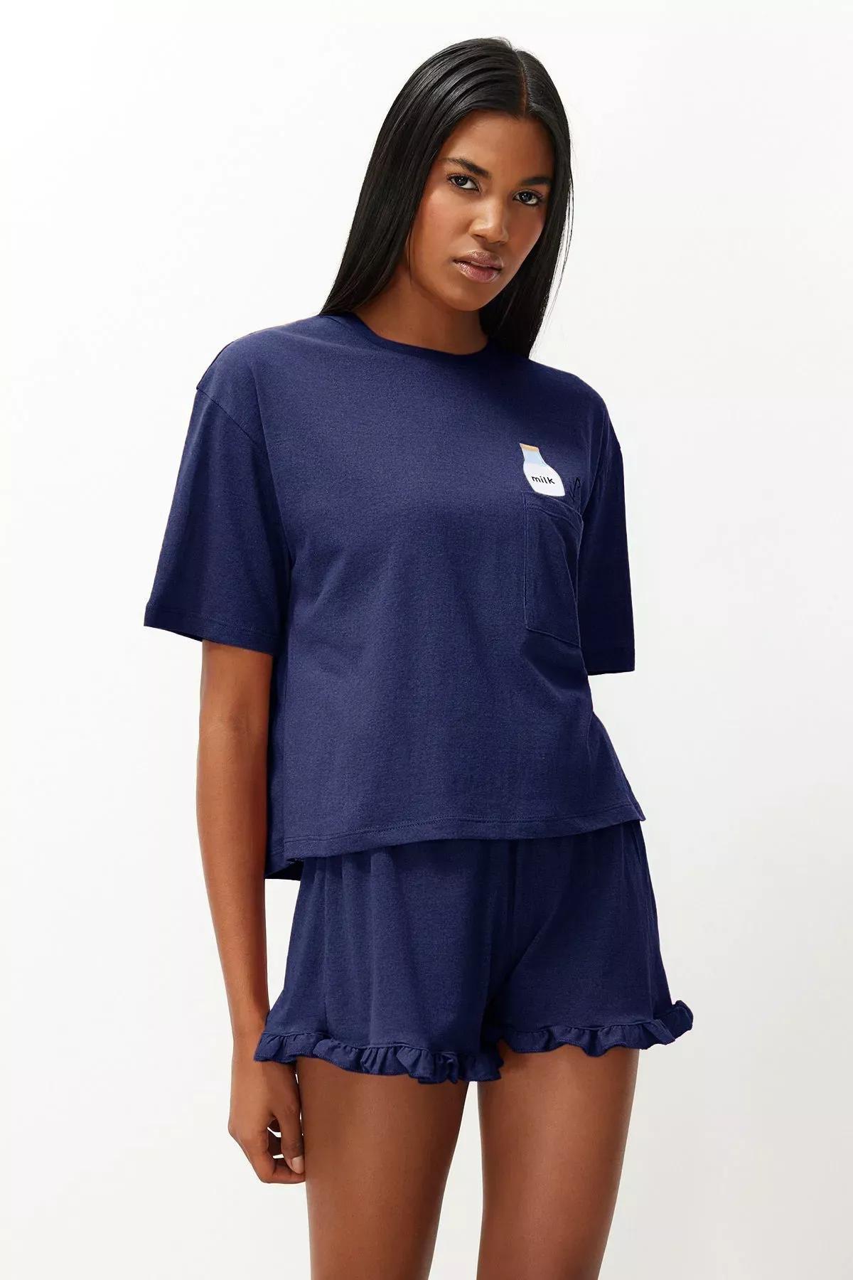 Navy Ruffle Printed Pajama Set, , large image number 2