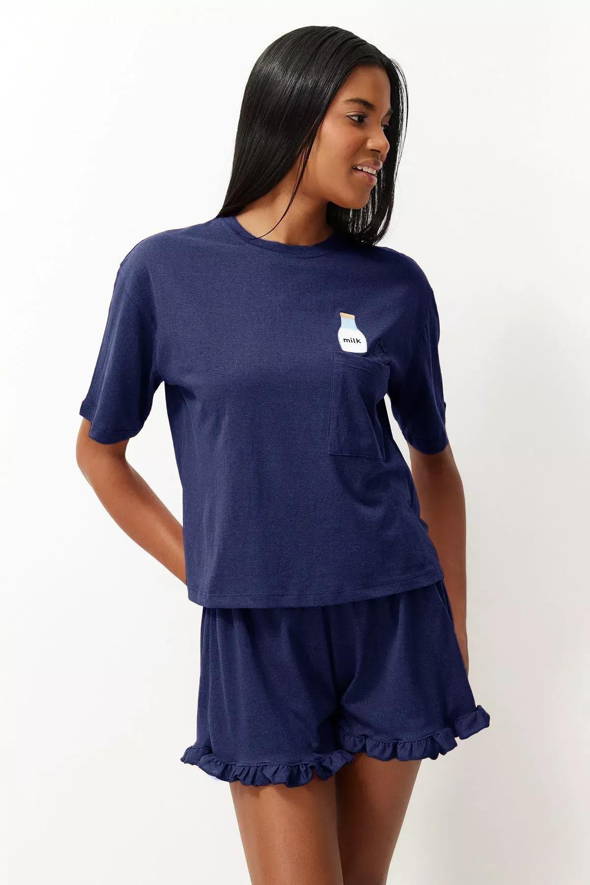 Navy Ruffle Printed Pajama Set, , large image number 3