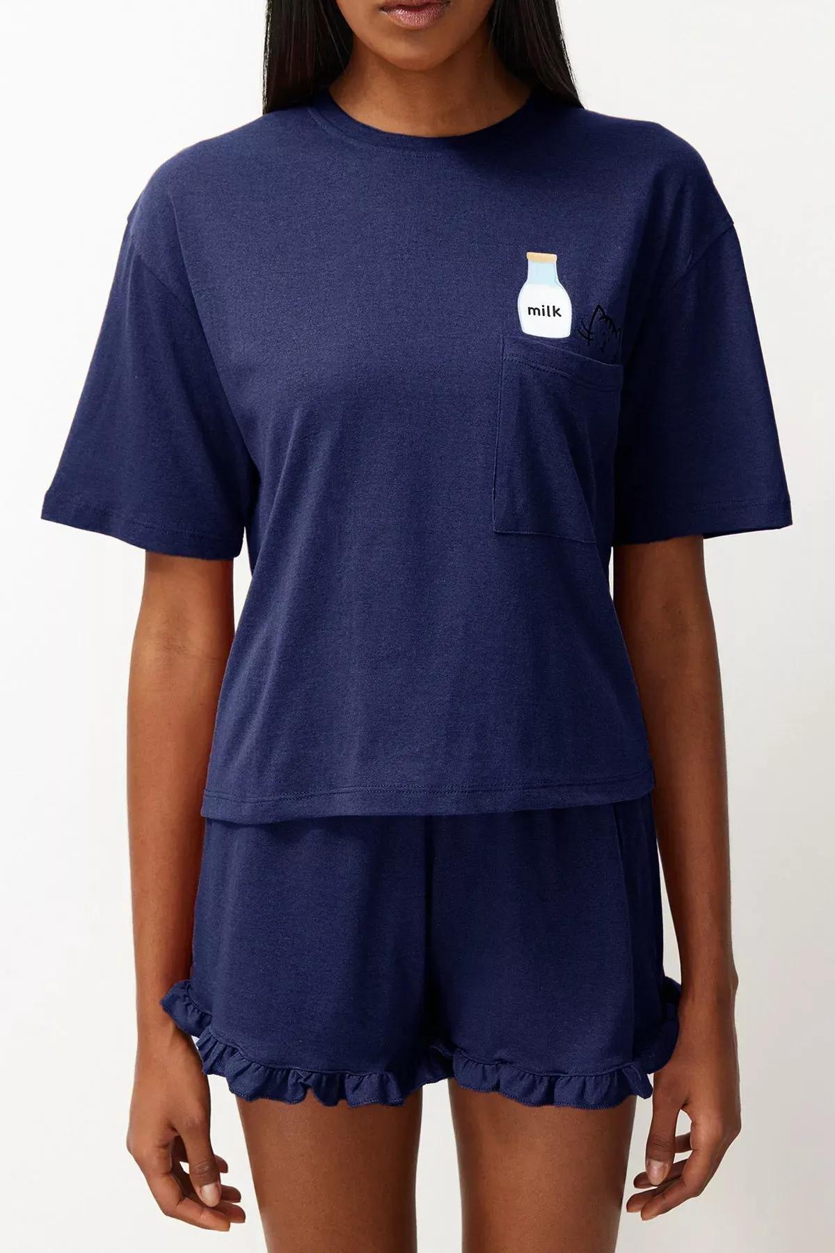 Navy Ruffle Printed Pajama Set, , large image number 4
