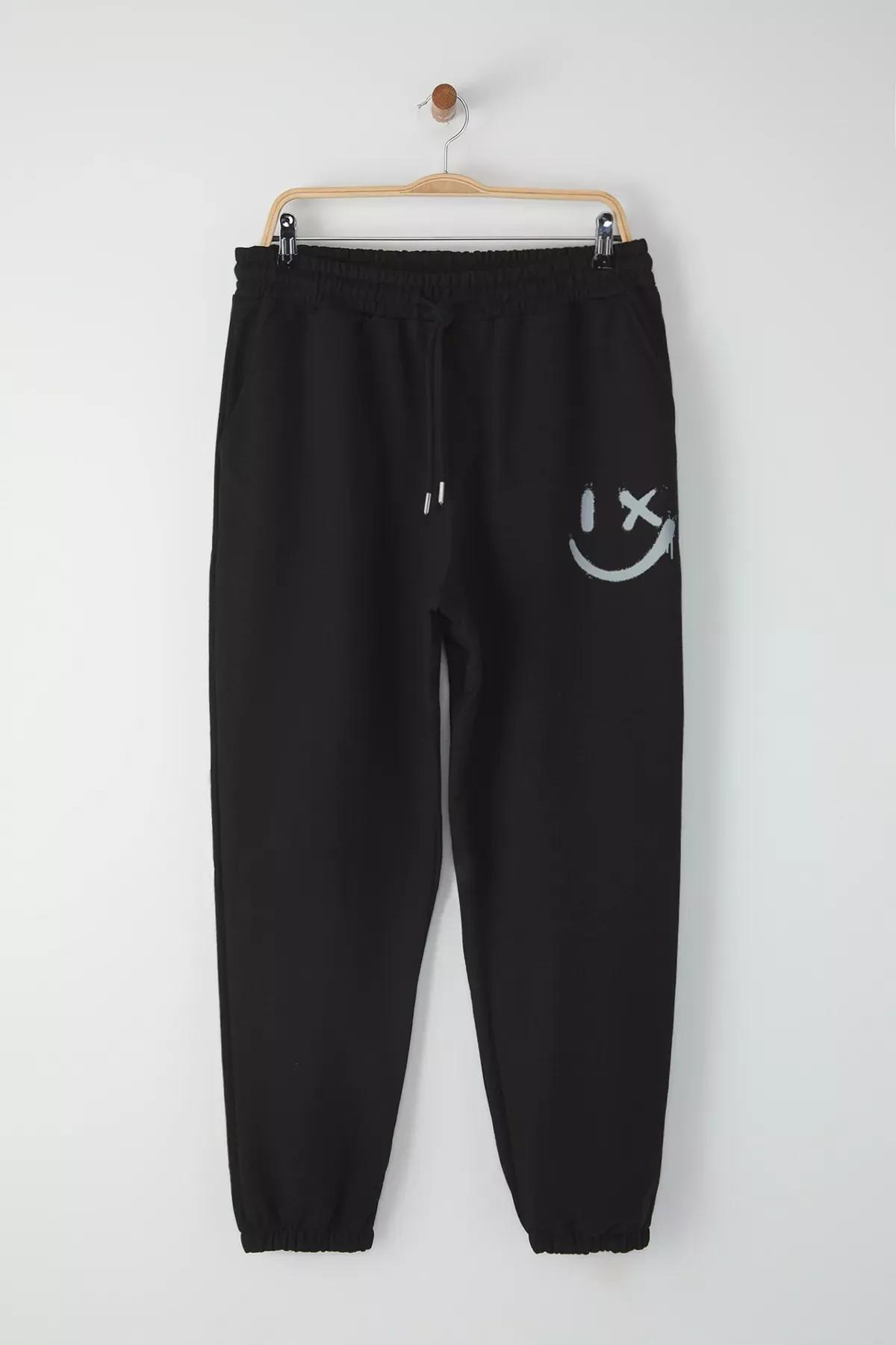 Black Oversize Smiley Print Jogger Sweatpants, BLACK, medium