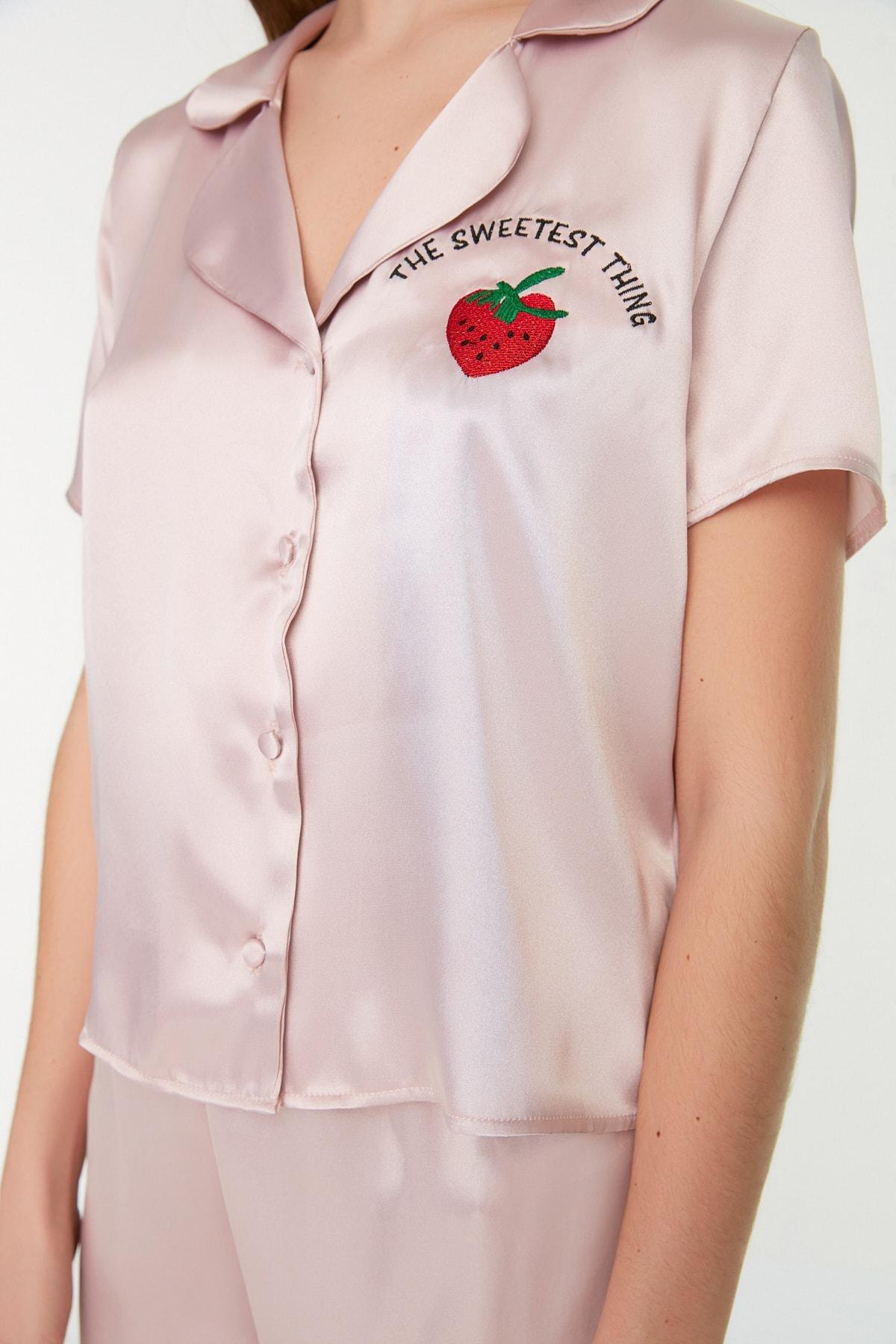 Pink Lapel Collar Pyjama Set, , large image number 1