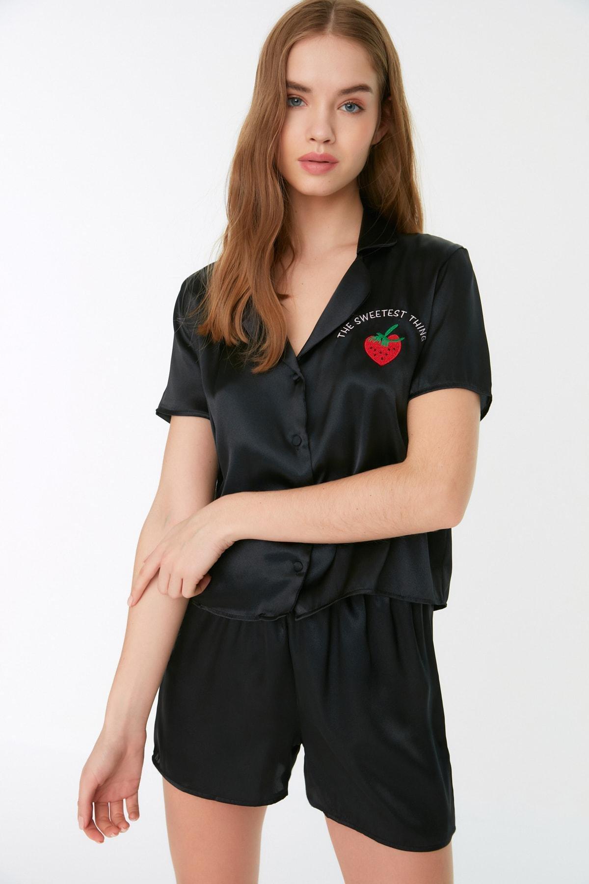 Black Lapel Collar Pajama Set, , large image number 0