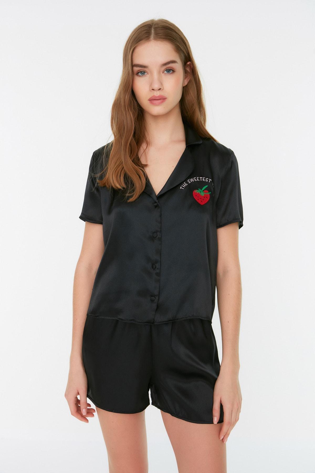 Black Lapel Collar Pajama Set, , large image number 1