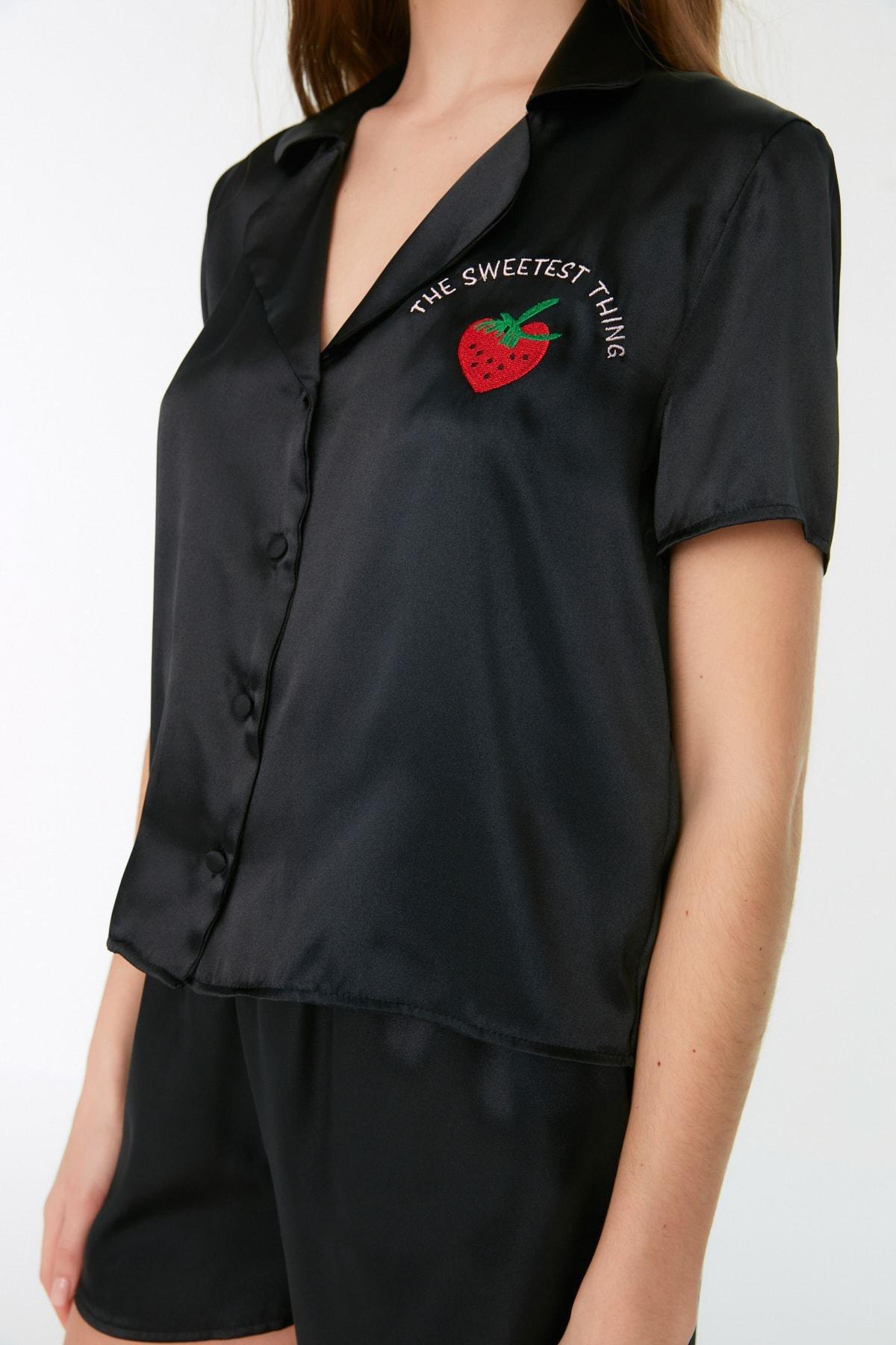Black Lapel Collar Pajama Set, , large image number 3