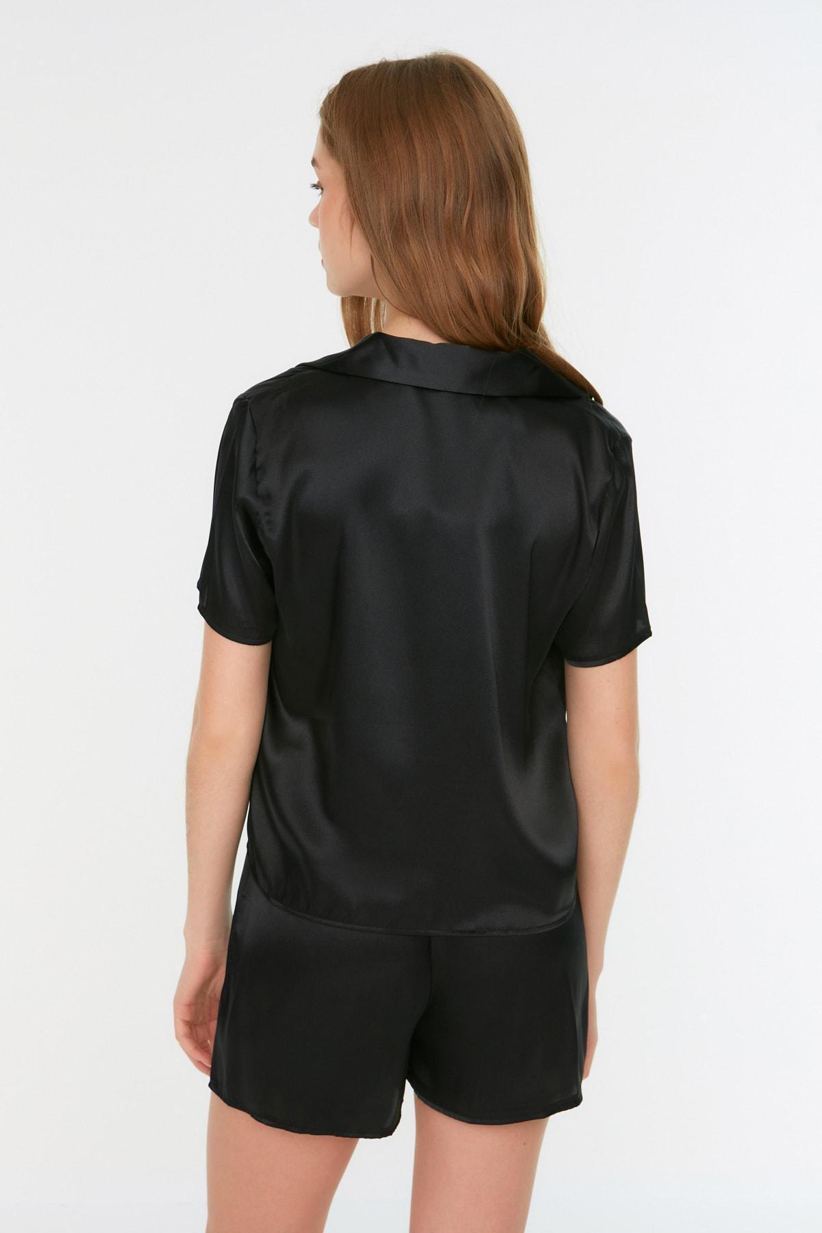 Black Lapel Collar Pajama Set, , large image number 4
