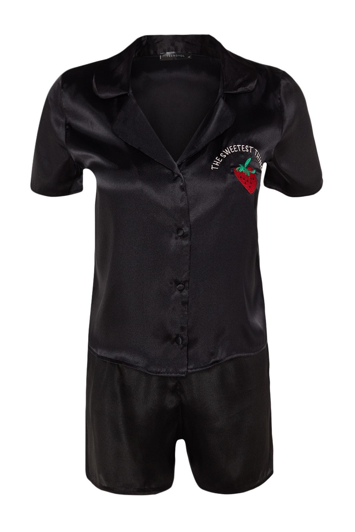 Black Lapel Collar Pajama Set, , large image number 5