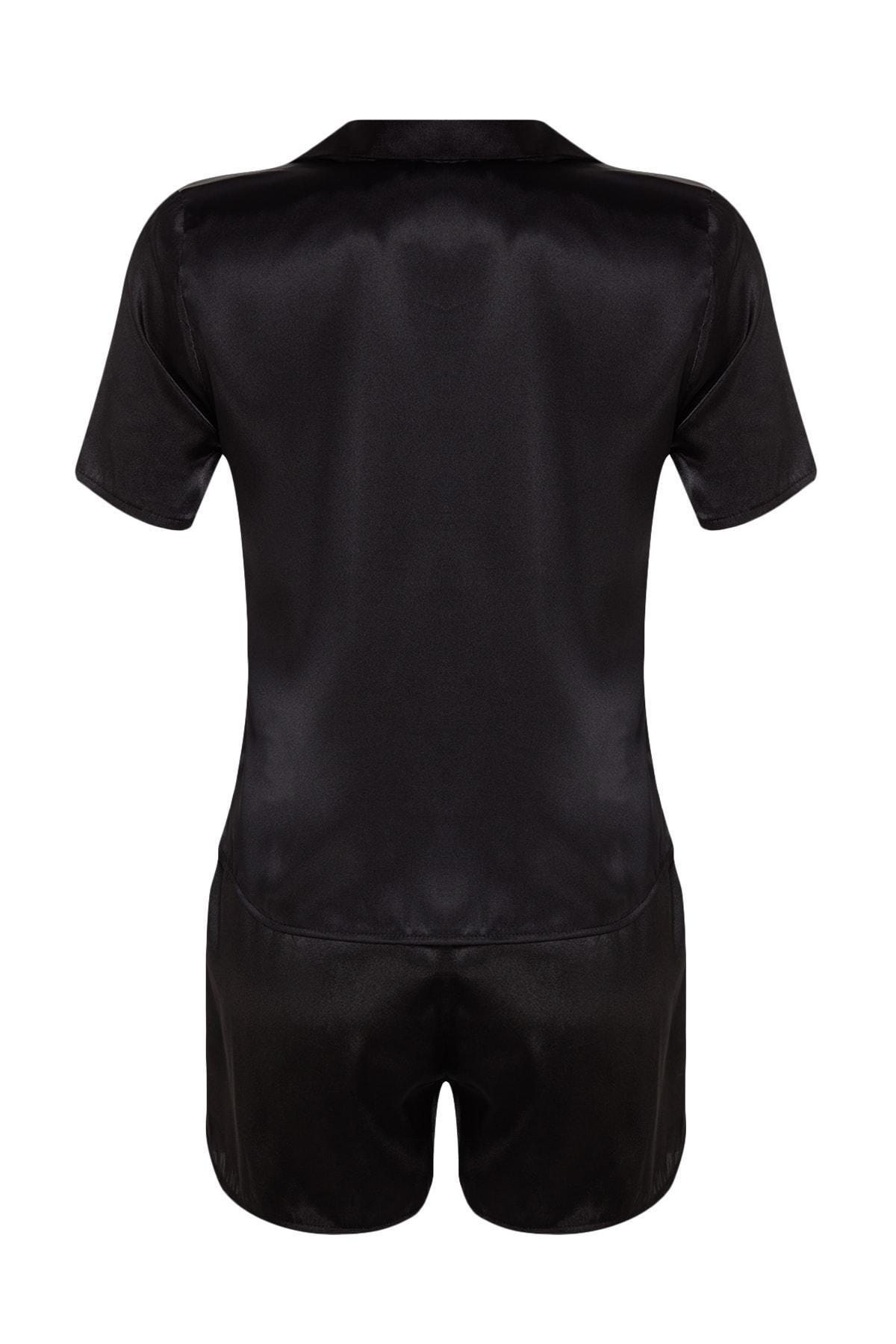 Black Lapel Collar Pajama Set, , large image number 7