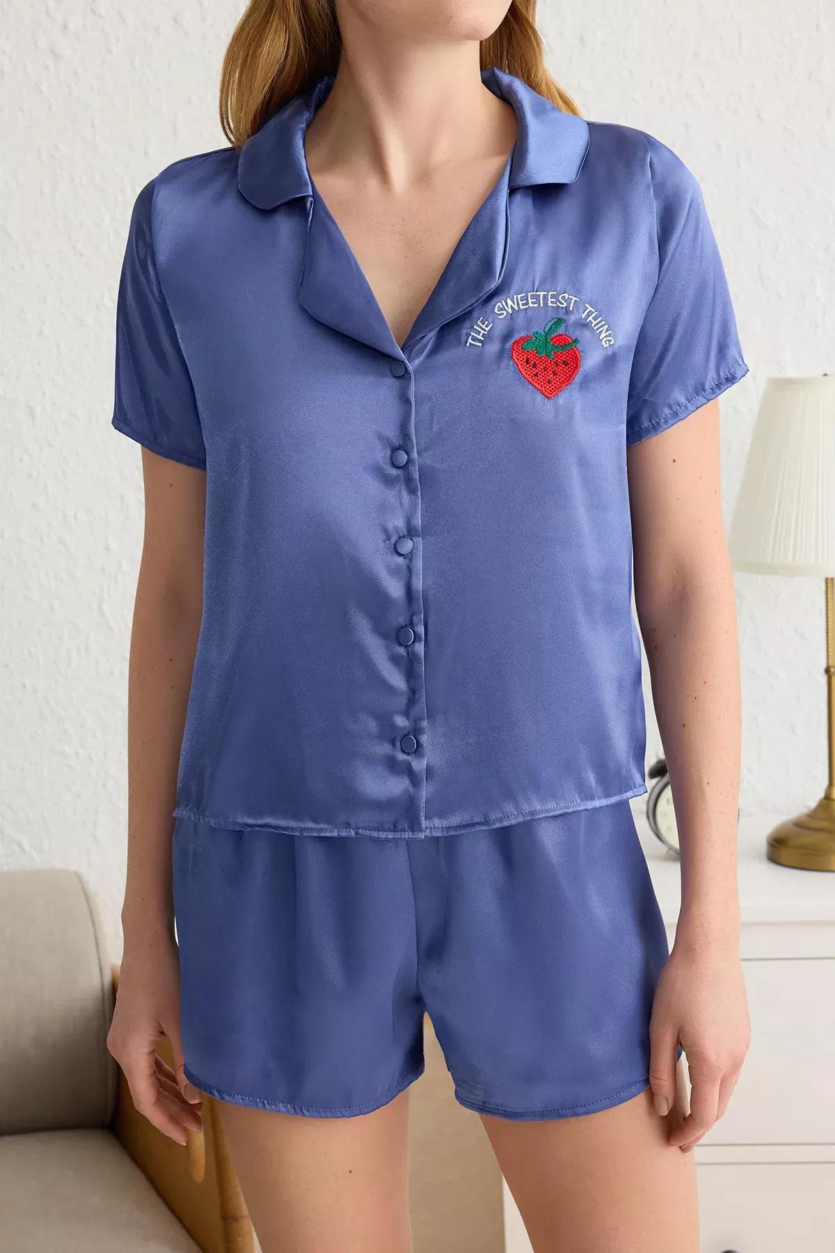Blue Strawberry Slogan Embroidered Satin Pajama Set (2 pcs), , large image number 2