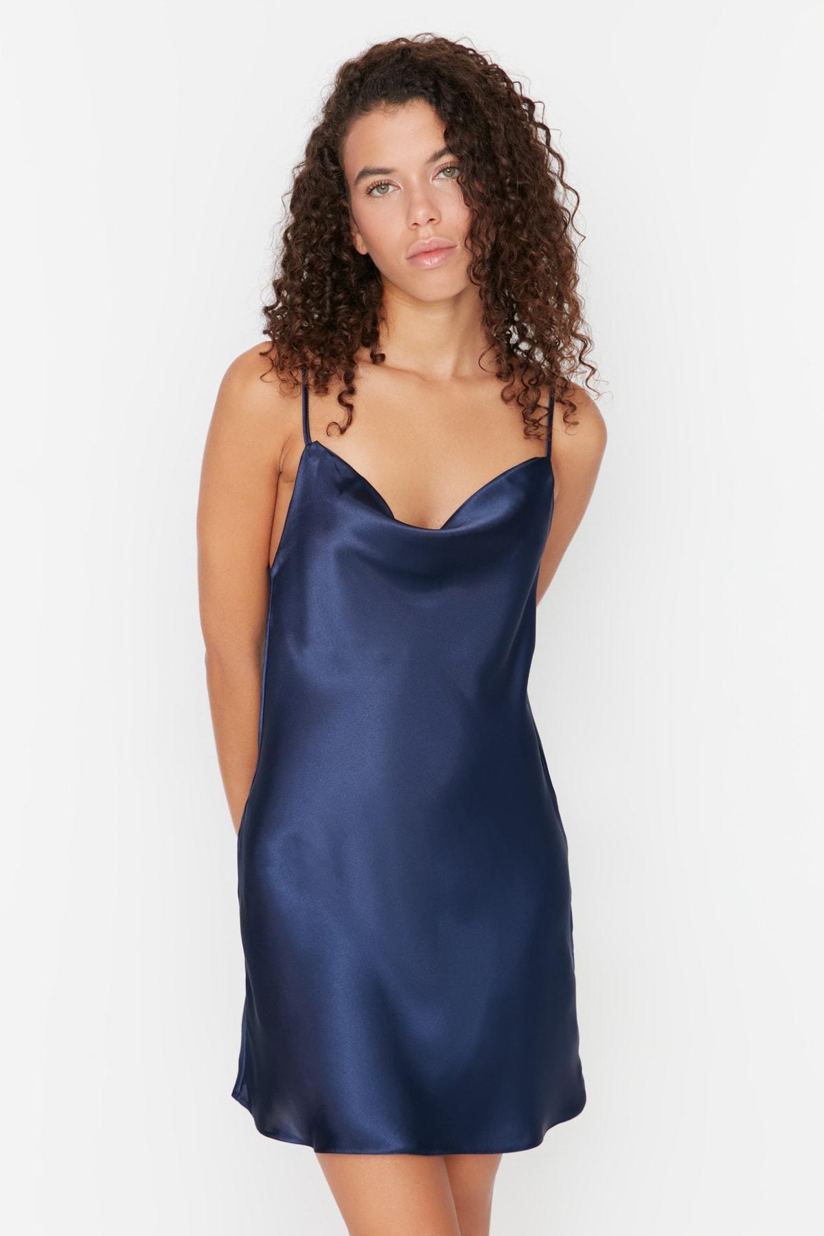 Navy V-Neck One Shoulder Nightgown, , large image number 0