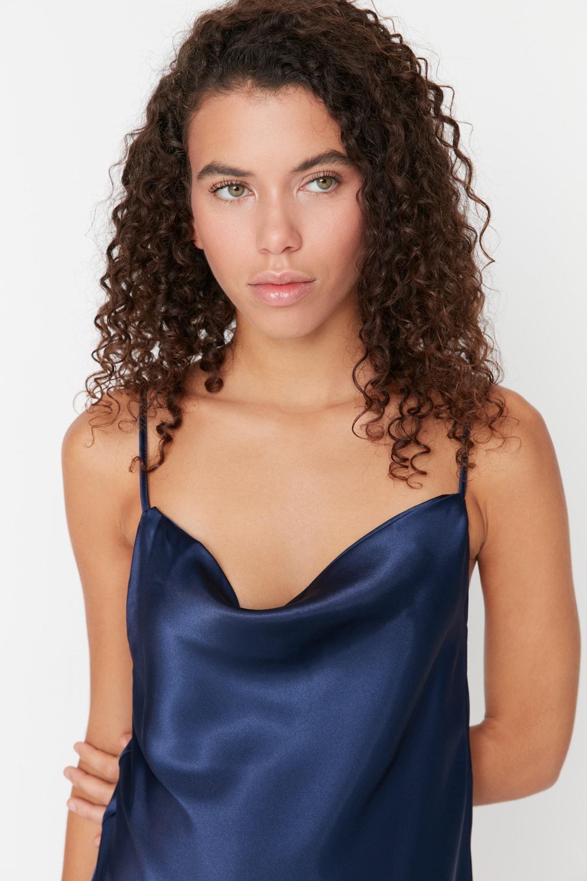 Navy V-Neck One Shoulder Nightgown, , large image number 1