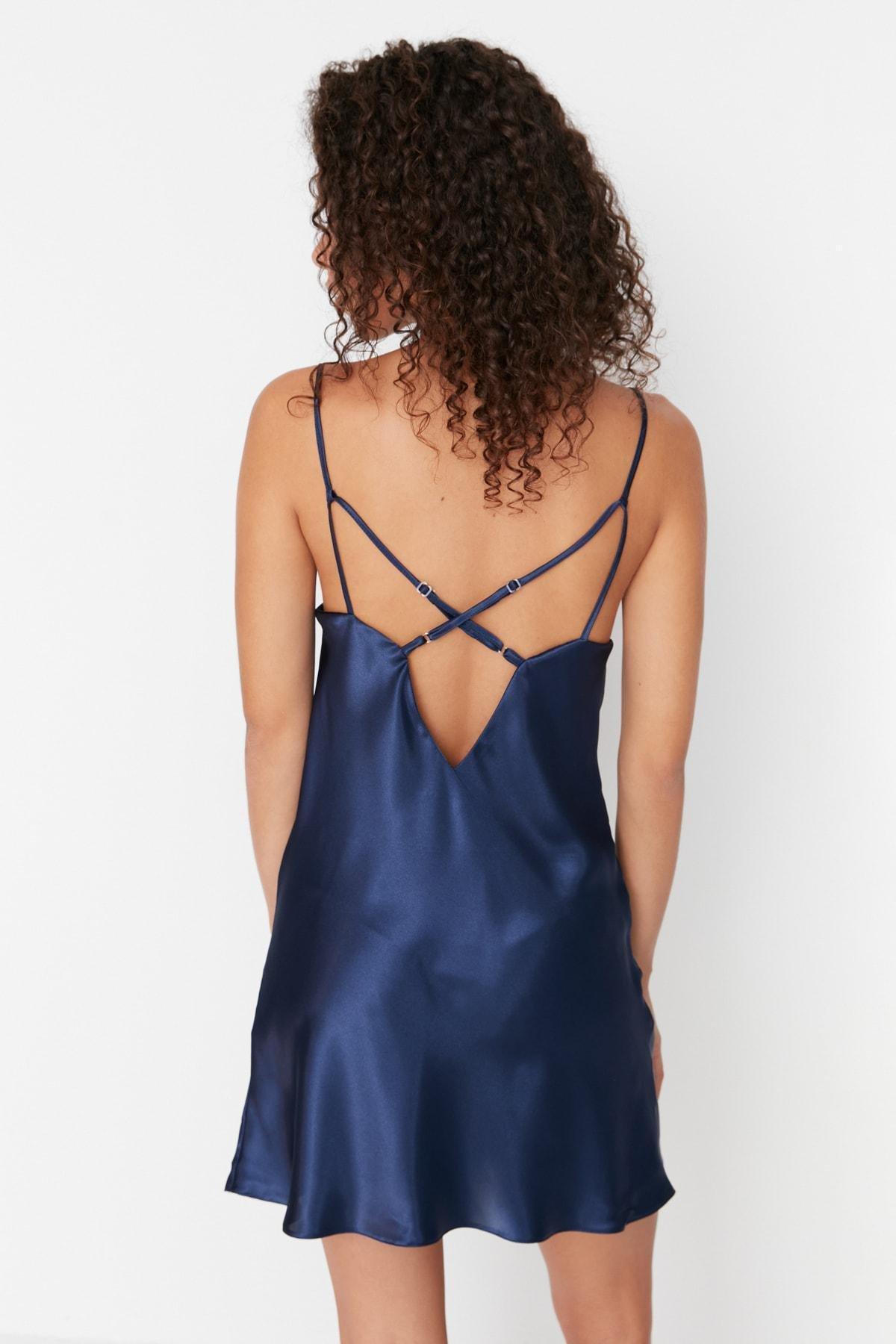 Navy V-Neck One Shoulder Nightgown, , large image number 4