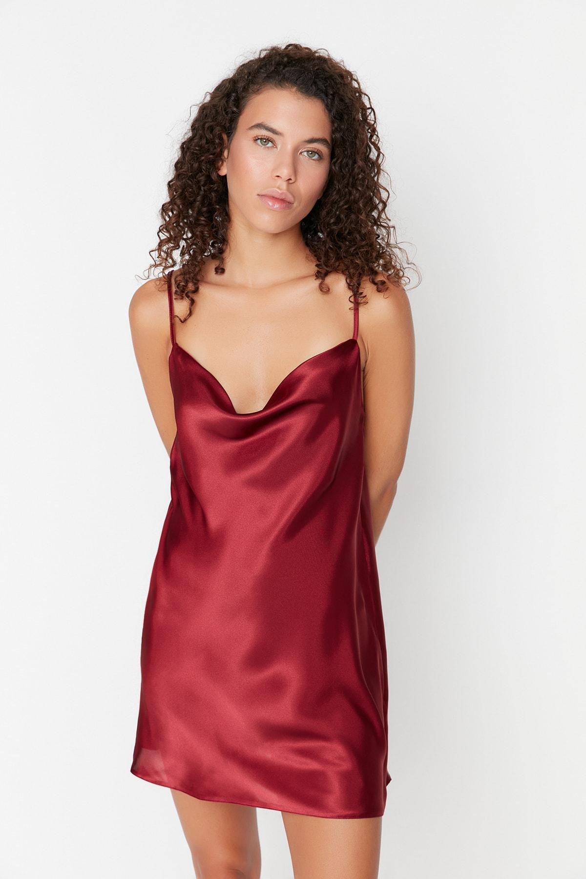 Burgundy One Shoulder V-Neck Nightgown, Burgundy, large image number 0