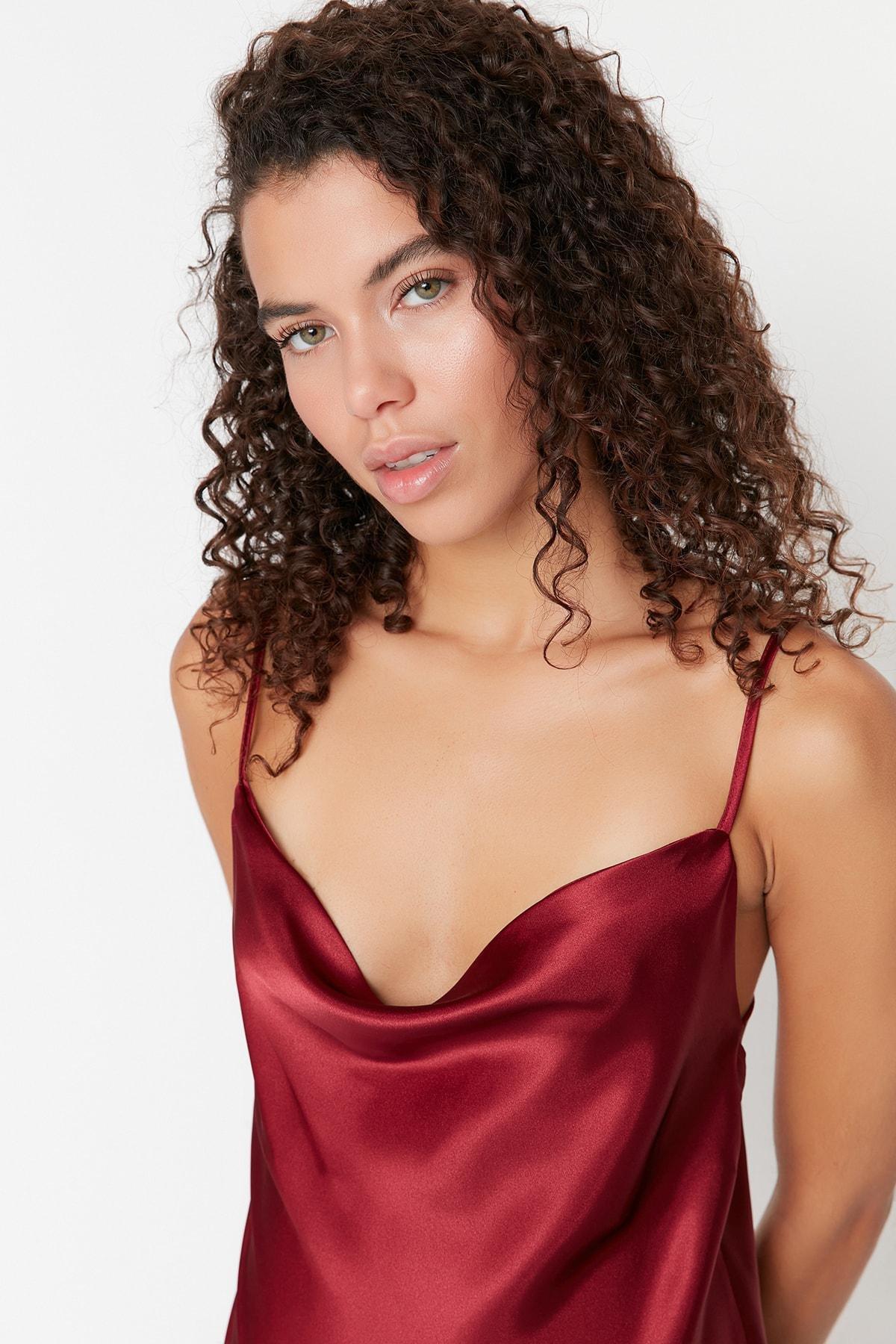 Trendyol - Burgundy One Shoulder V-Neck Nightgown