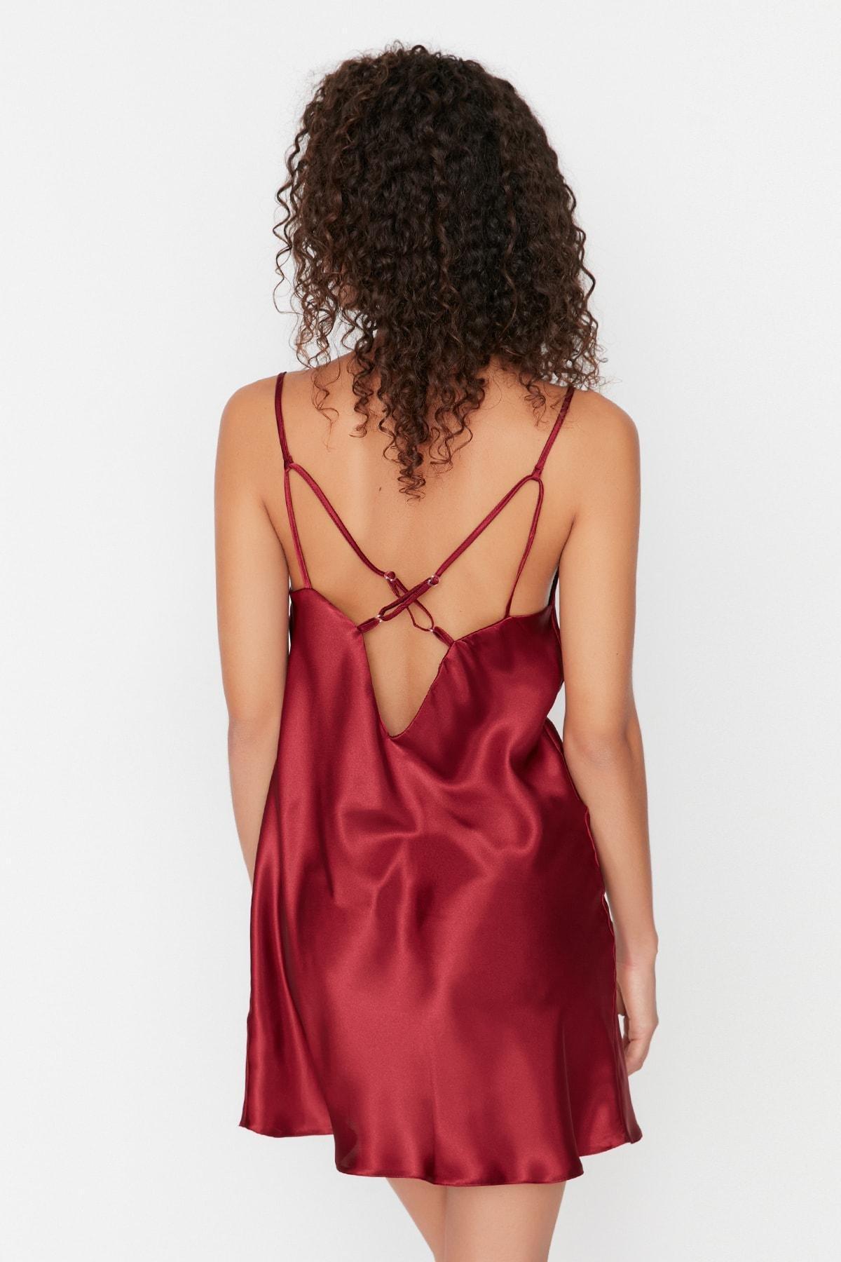 Trendyol - Burgundy One Shoulder V-Neck Nightgown