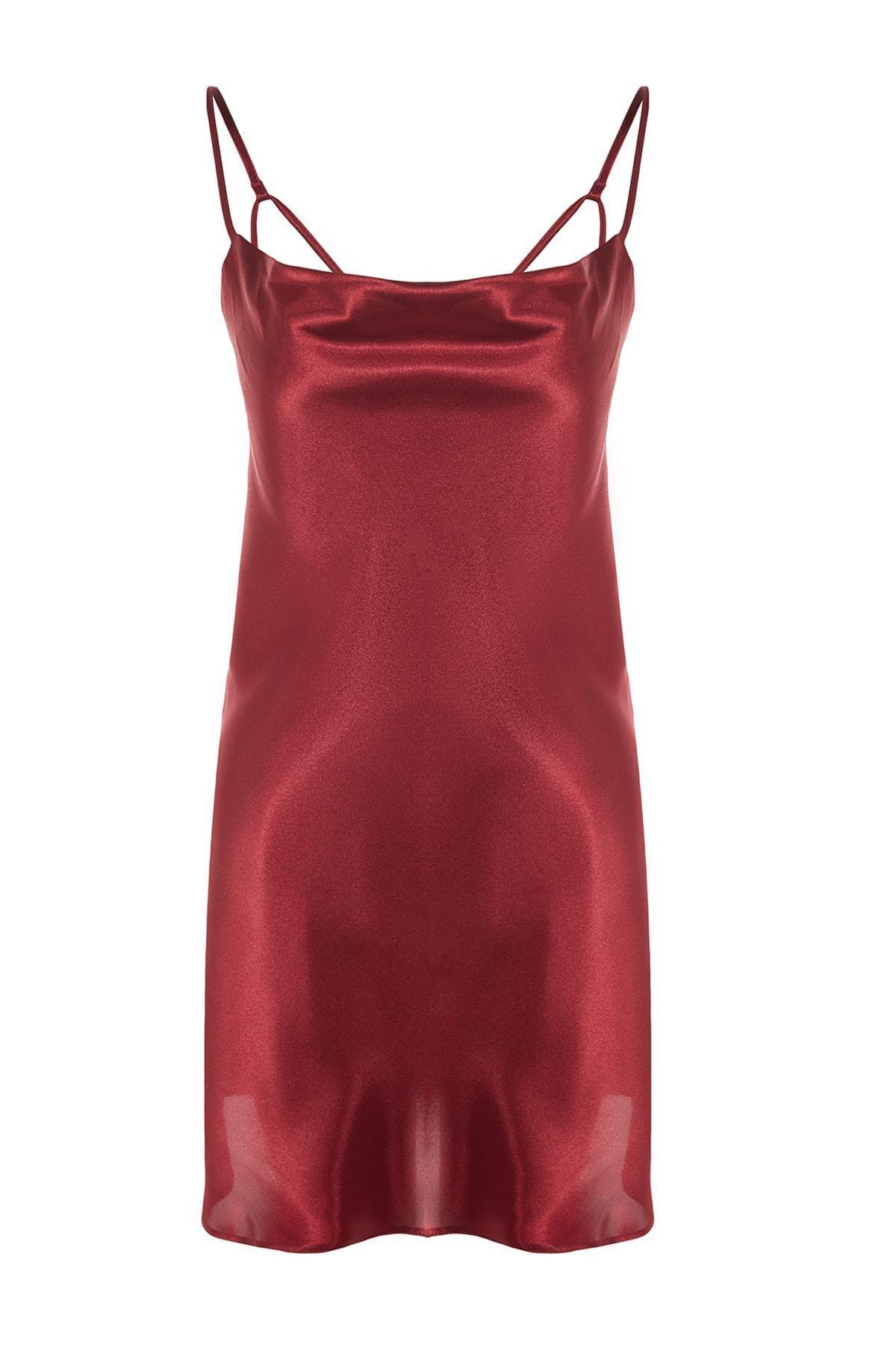 Trendyol - Burgundy One Shoulder V-Neck Nightgown