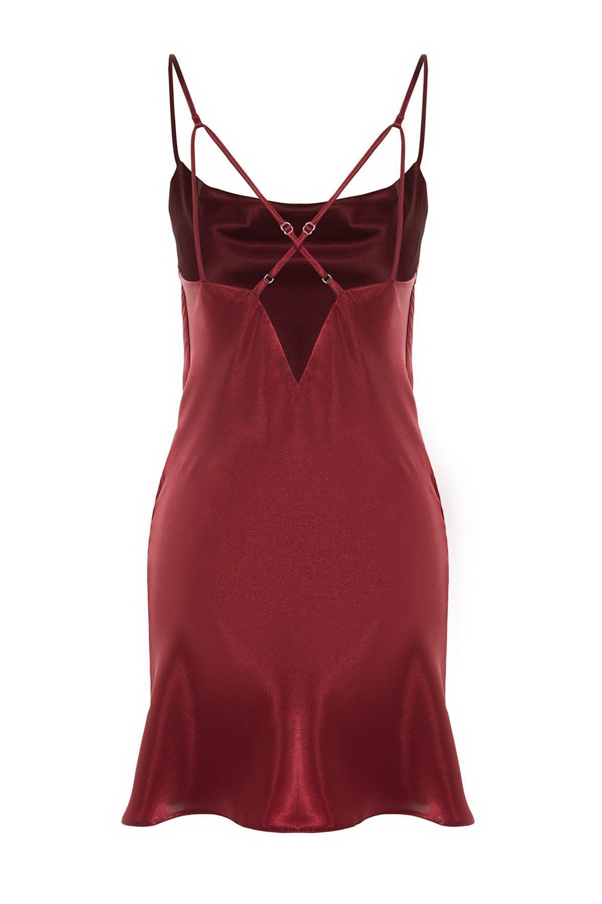 Trendyol - Burgundy One Shoulder V-Neck Nightgown