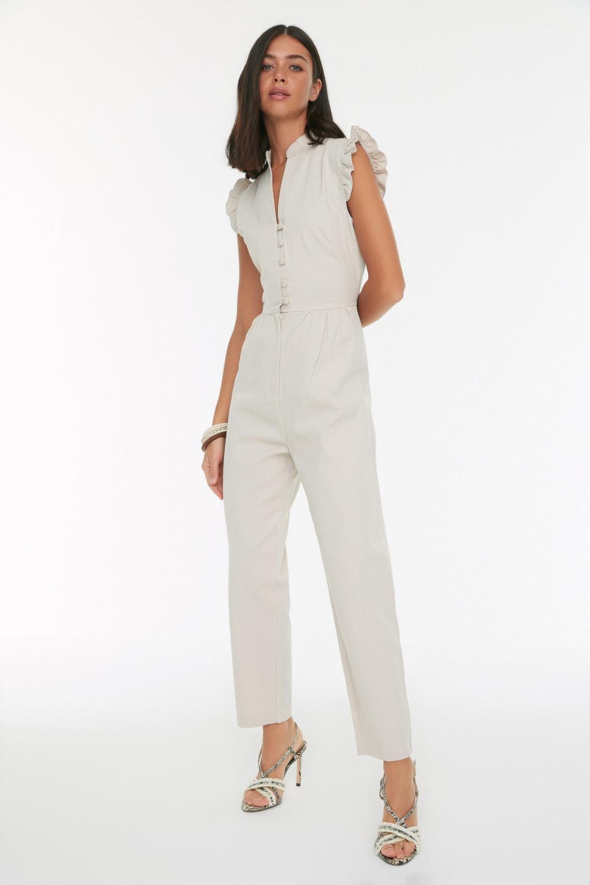 White Mandarin Collar Jumpsuit, , large image number 0