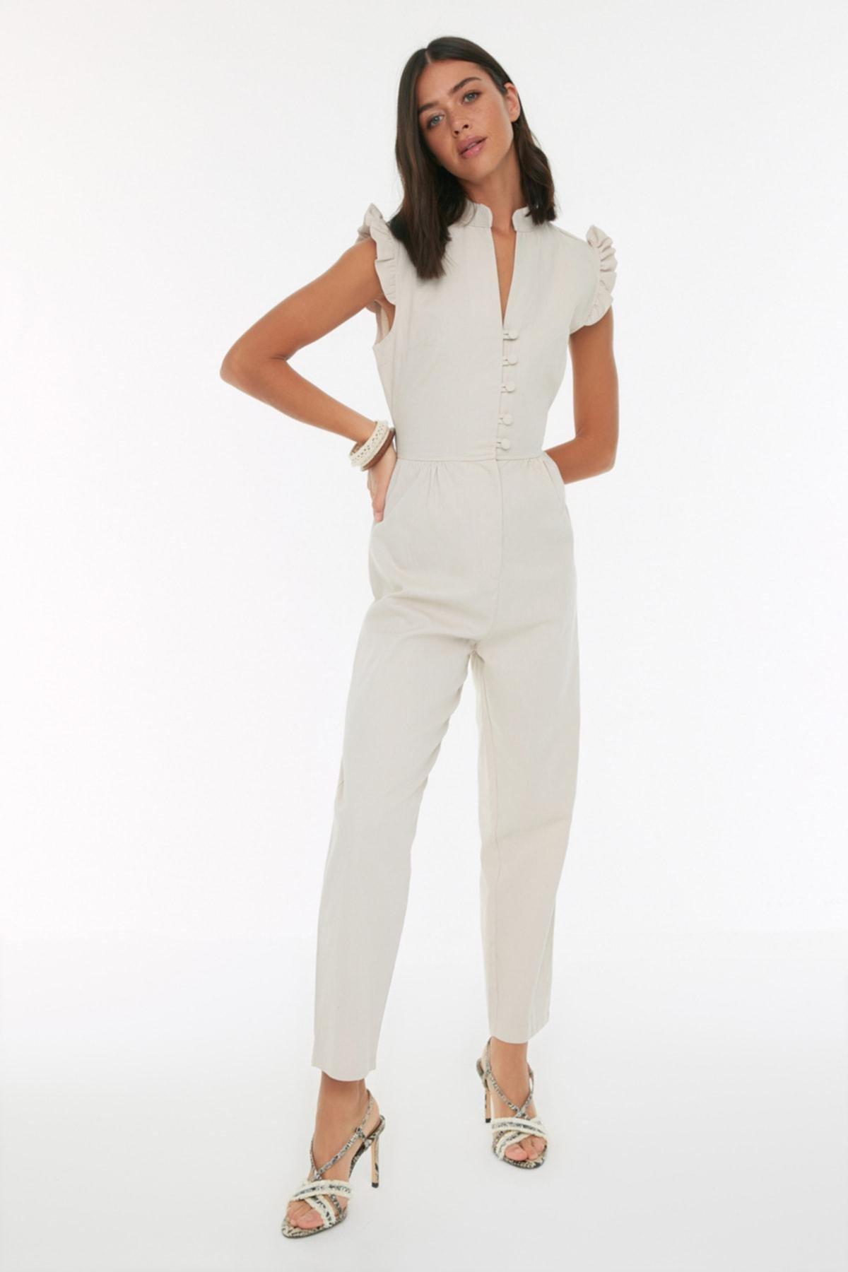 White Mandarin Collar Jumpsuit, , large image number 1
