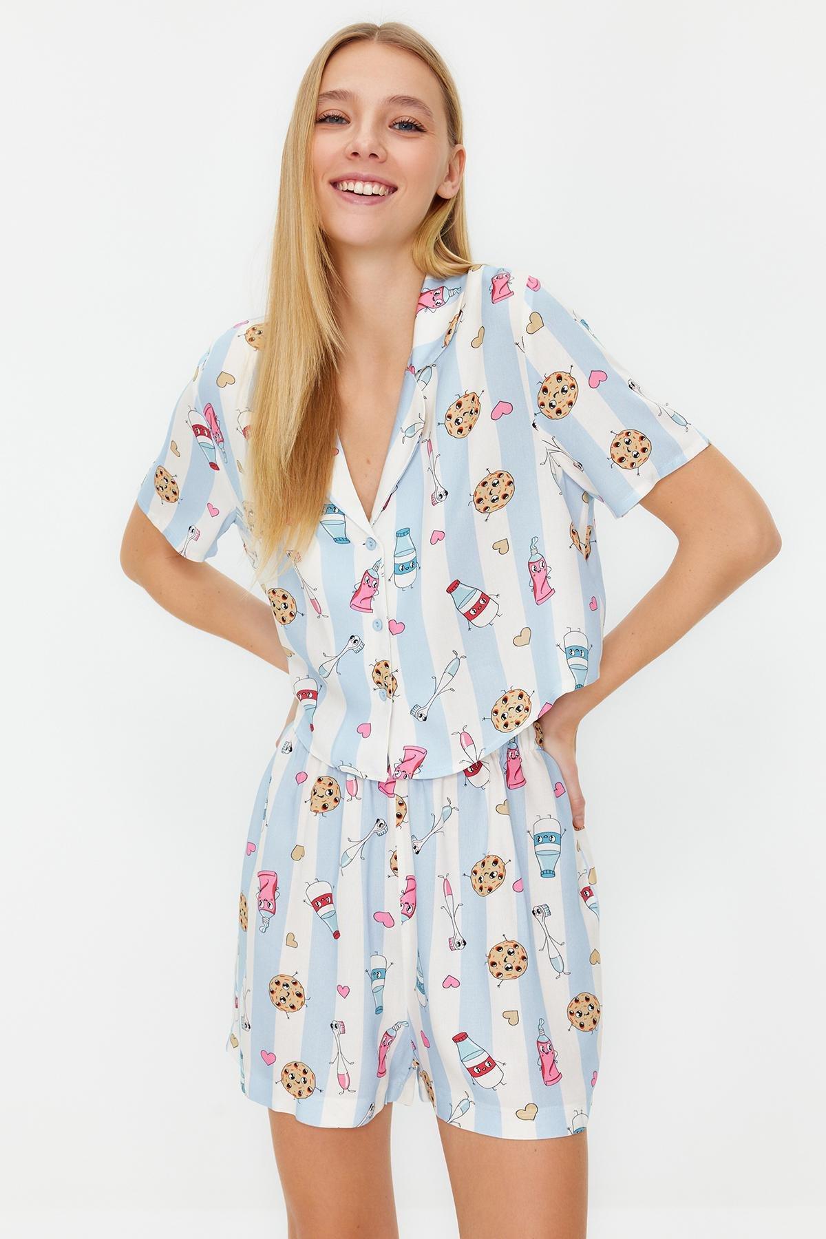 Blue Fun Patterned Viscose Woven Pyjama Set, , large image number 1