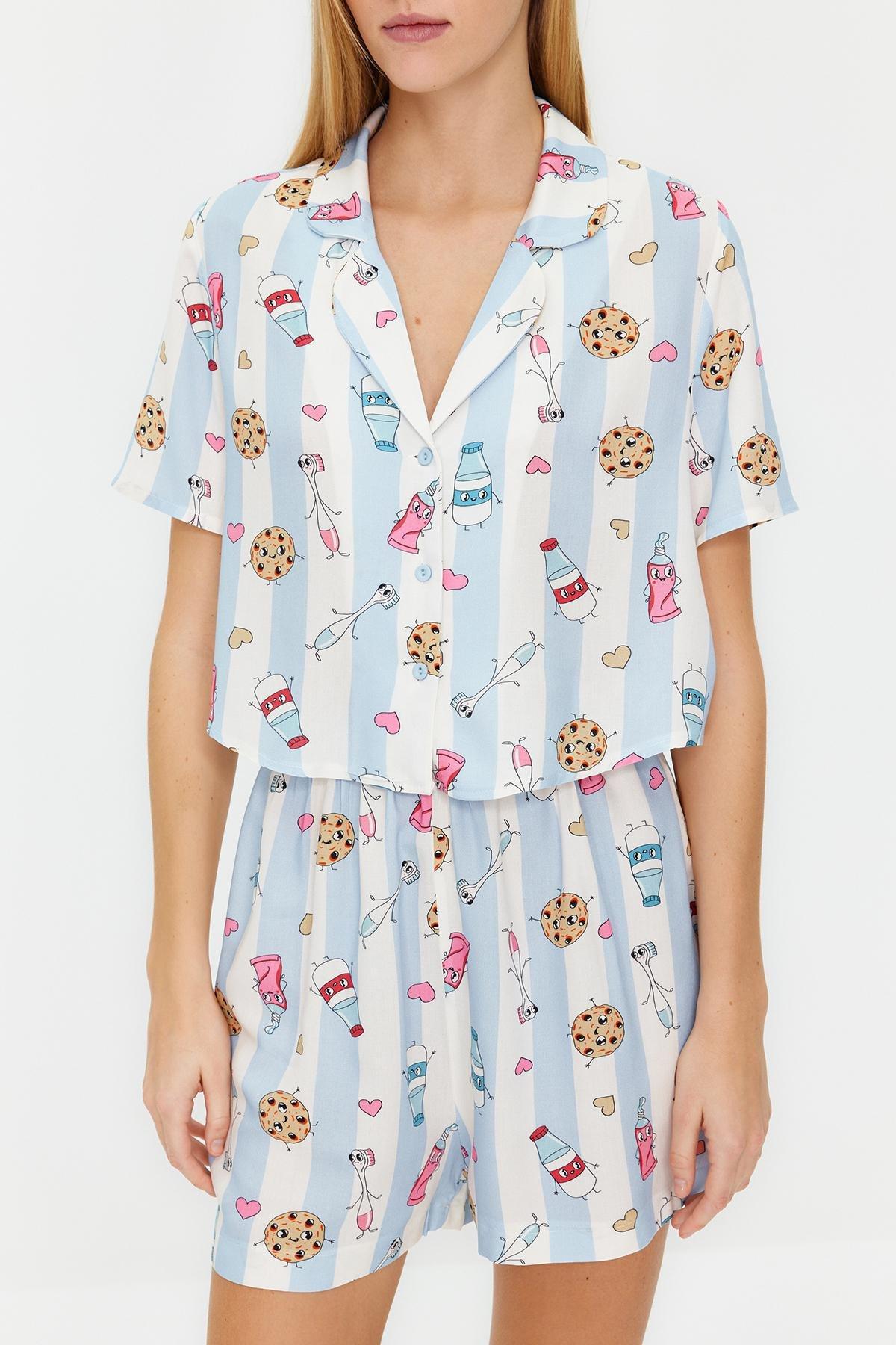 Blue Fun Patterned Viscose Woven Pyjama Set, , large image number 3