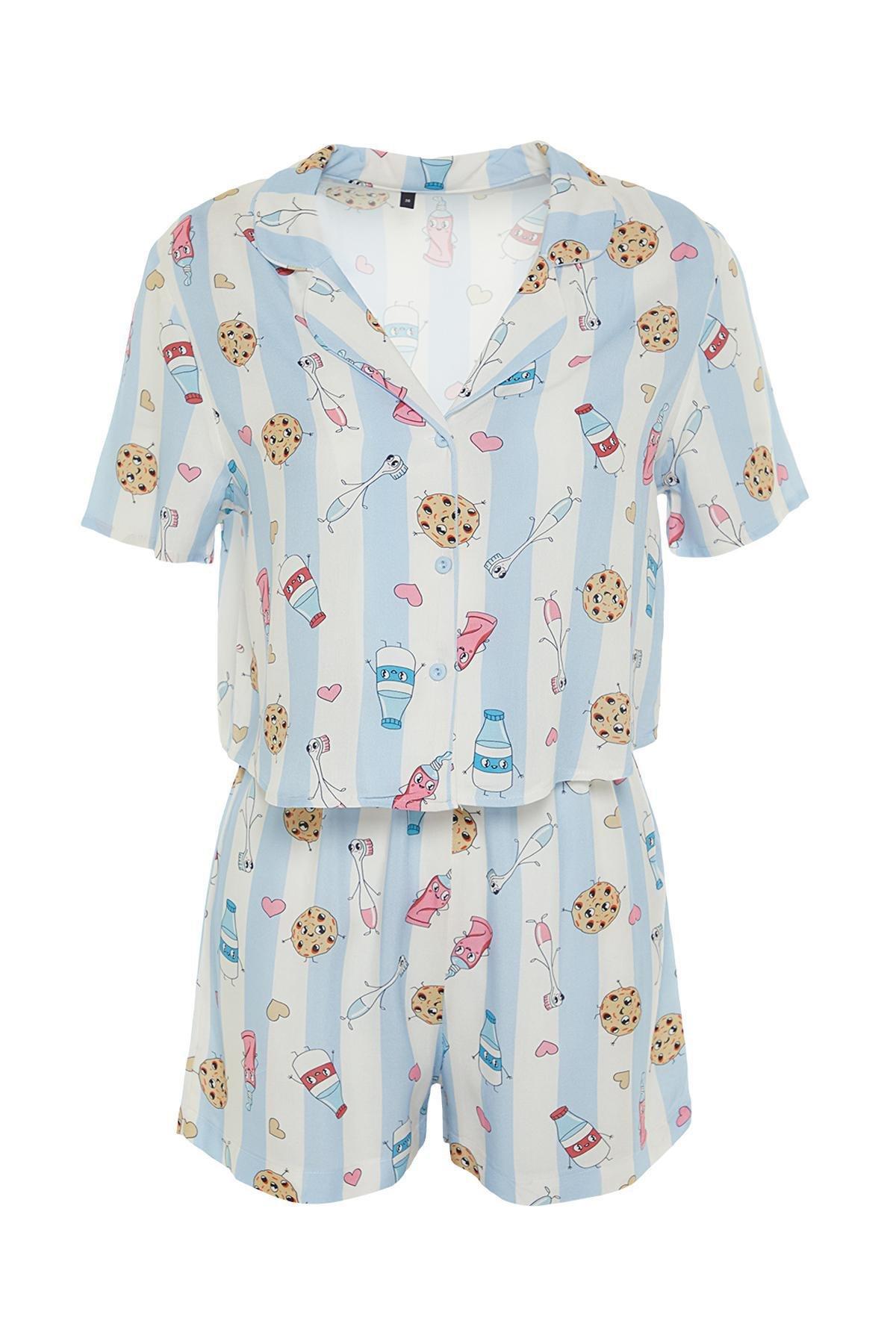 Blue Fun Patterned Viscose Woven Pyjama Set, , large image number 5