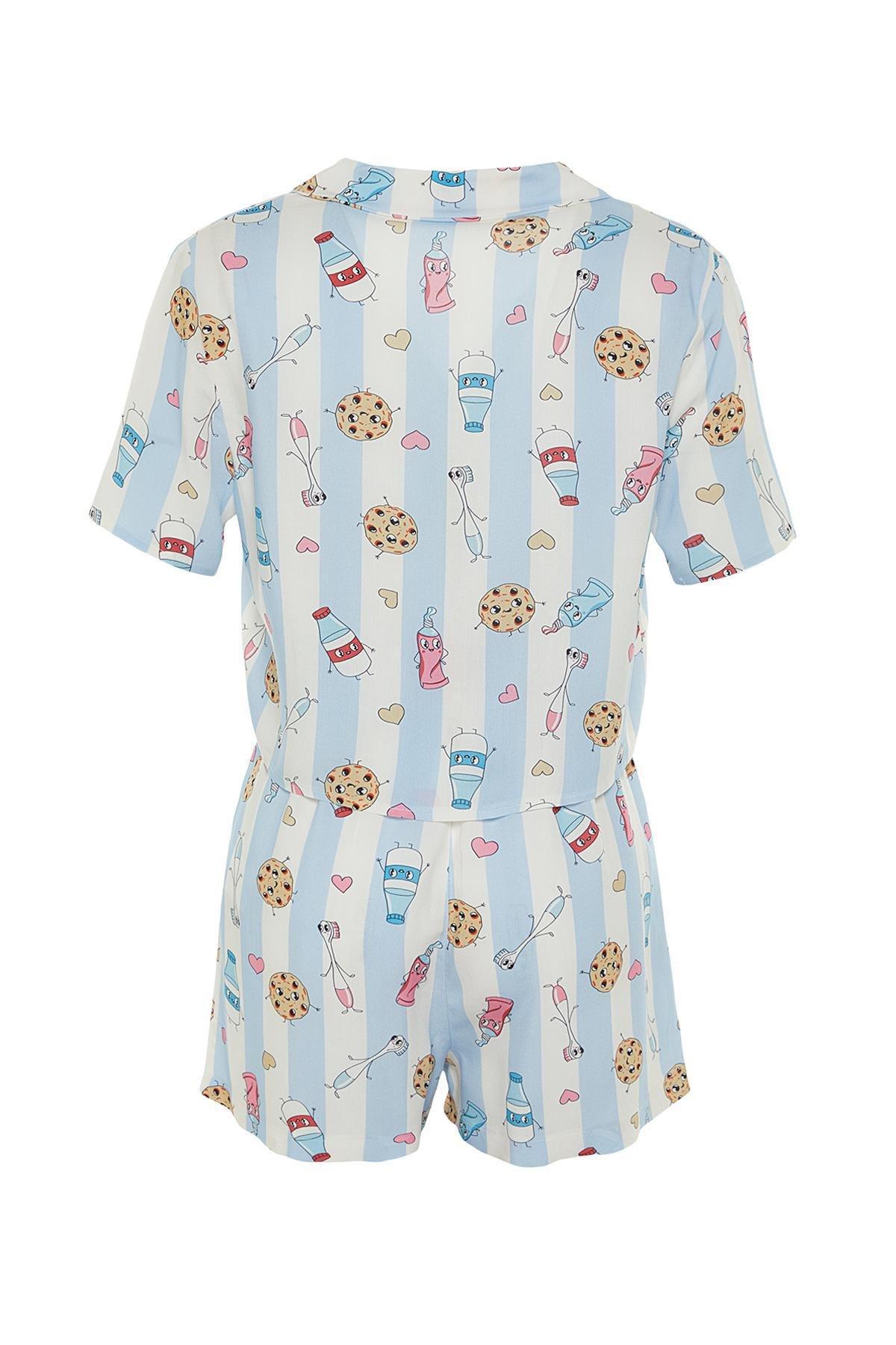 Blue Fun Patterned Viscose Woven Pyjama Set, , large image number 6