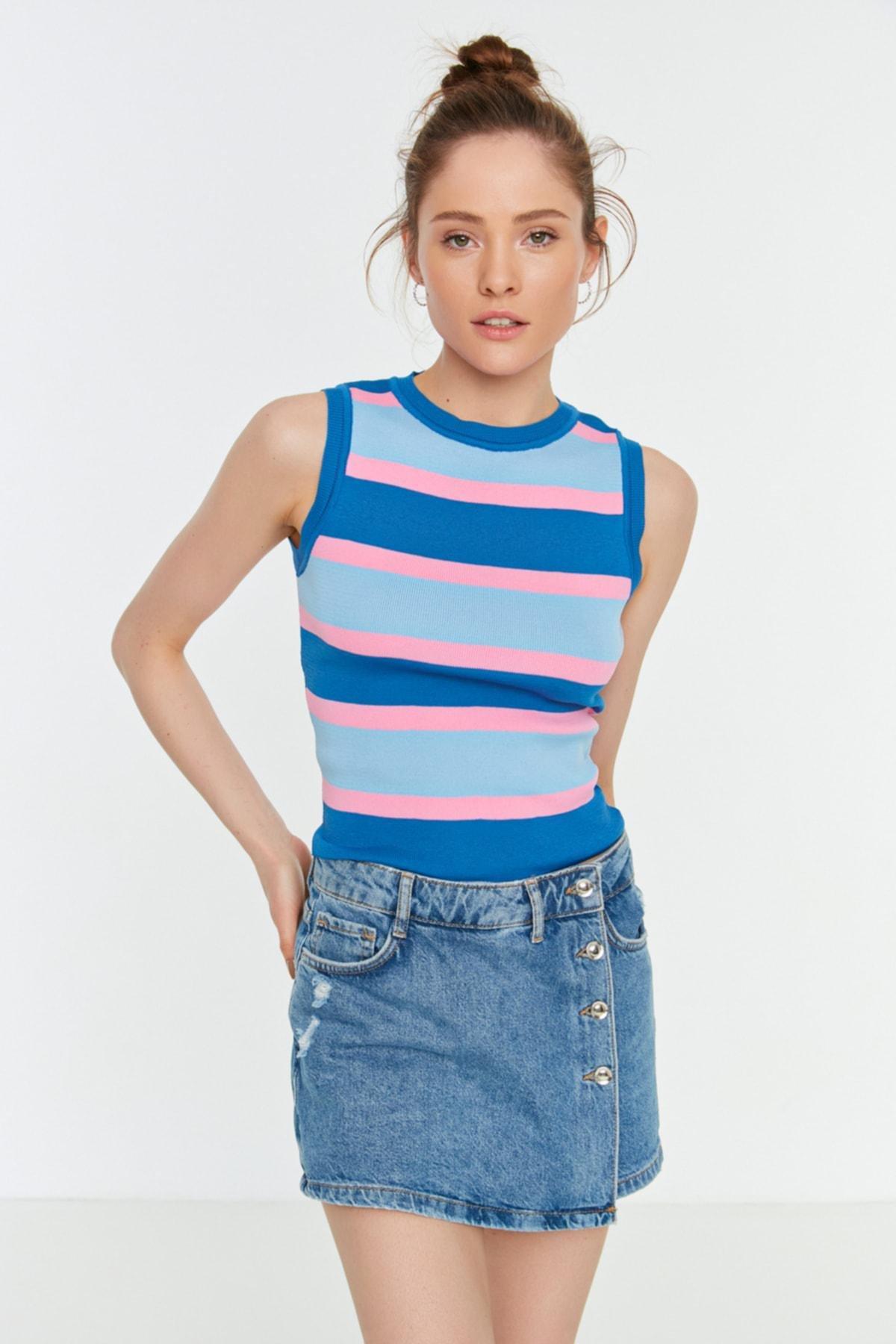 Navy Striped Slim Blouse, , large image number 0