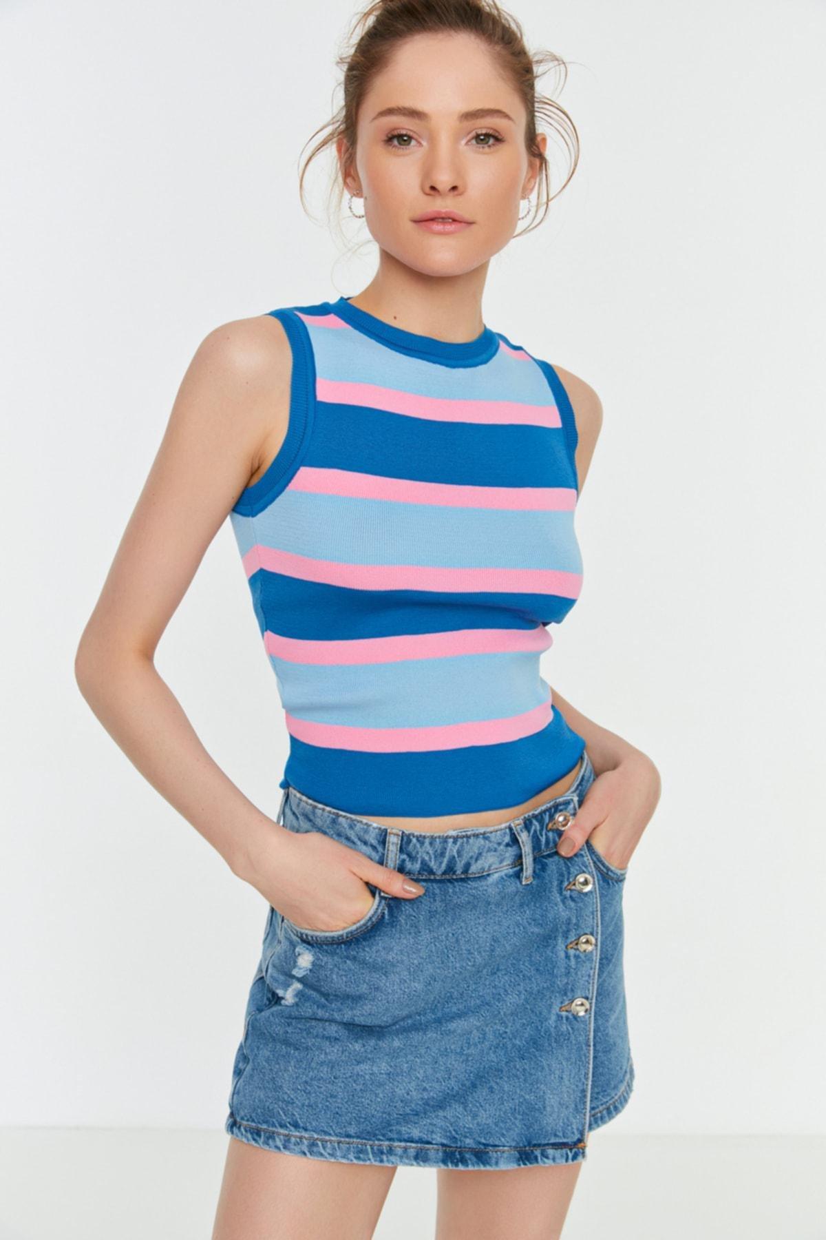 Navy Striped Slim Blouse, , large image number 1