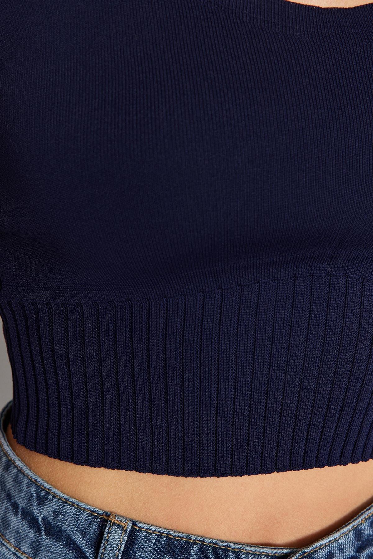 Navy Square Collar Fitted Blouse, Dark blue, large image number 4