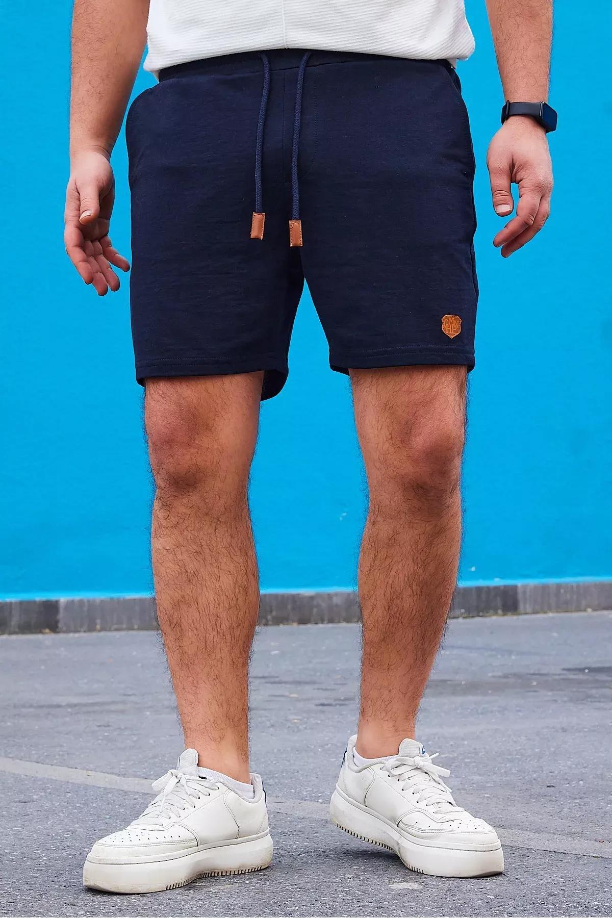Navy Mid Waist Straight Shorts, Dark blue, large image number 3