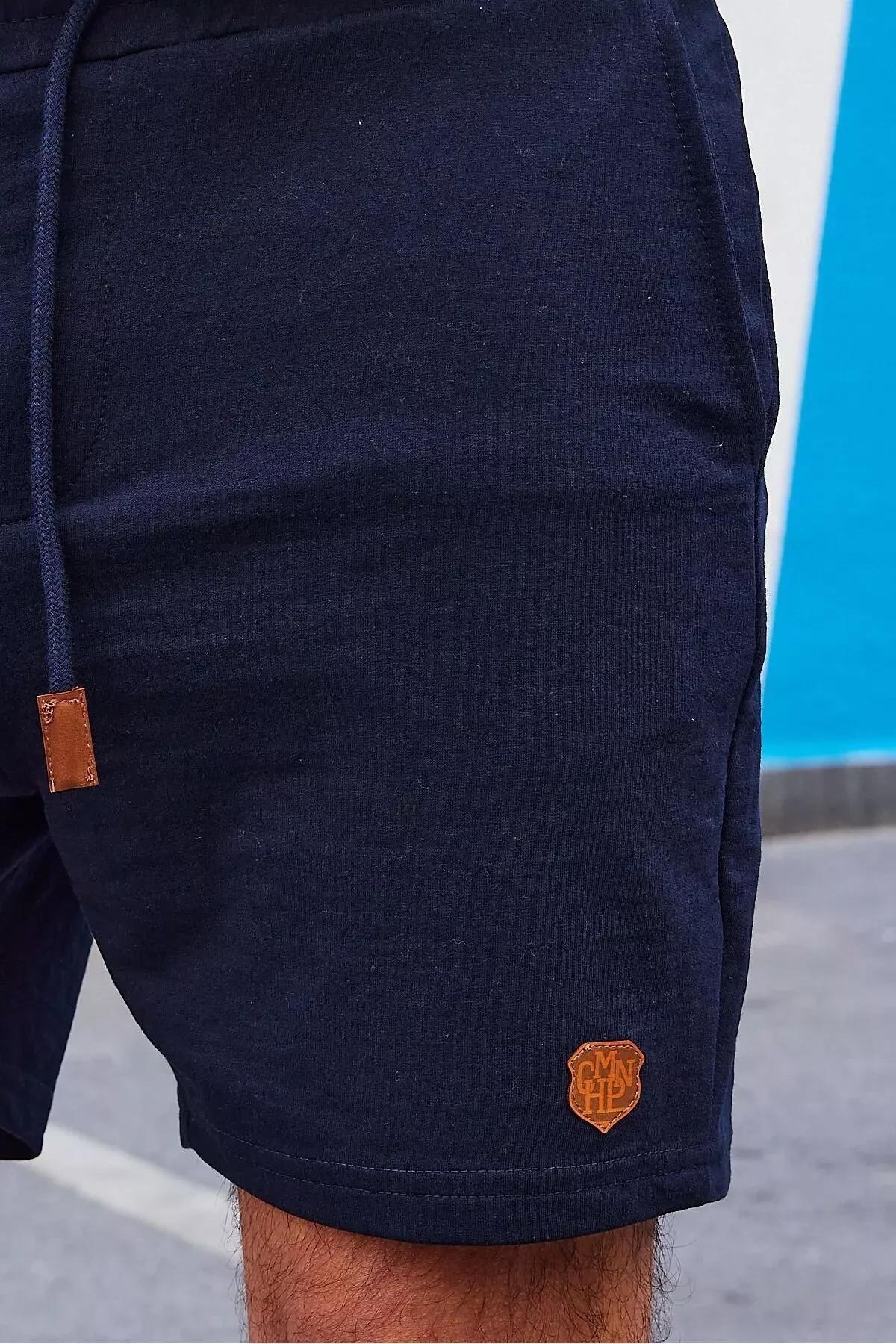 Navy Mid Waist Straight Shorts, Dark blue, large image number 4