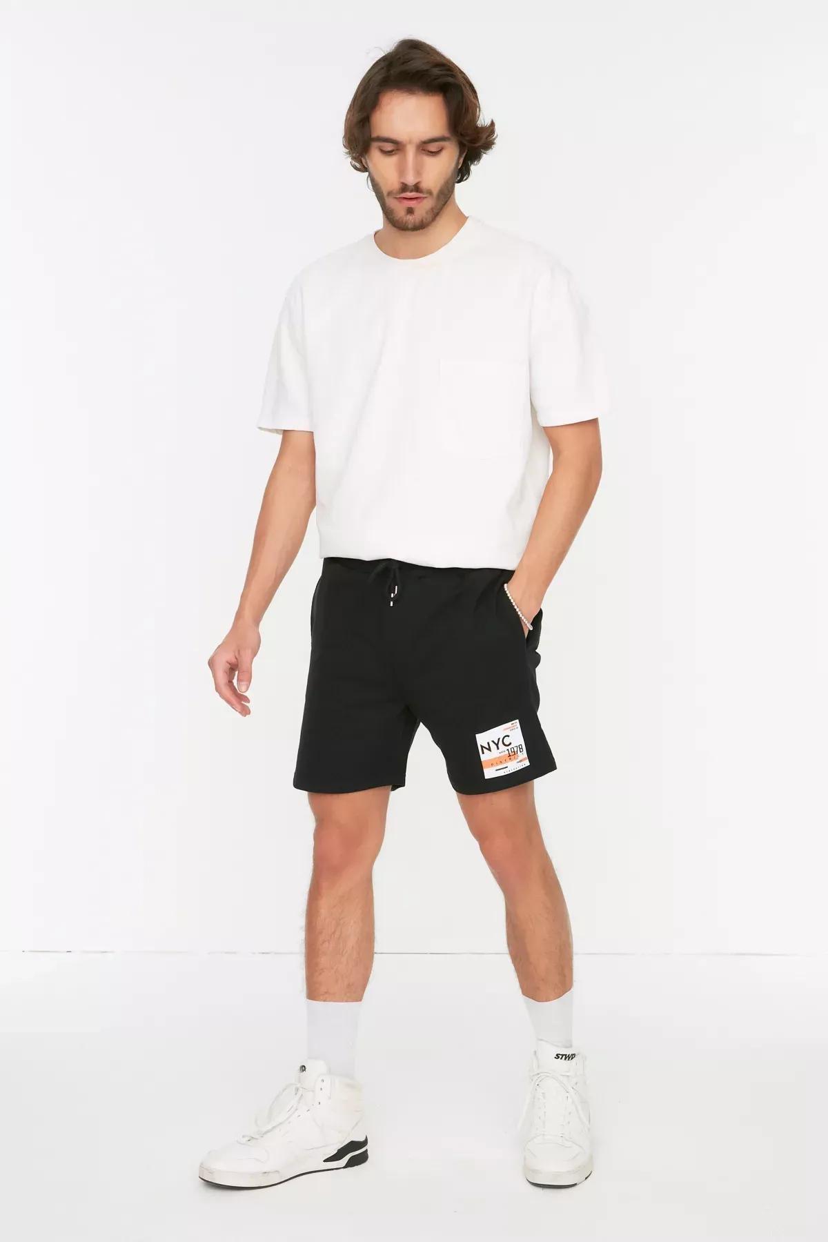 Black Normal Waist Printed Shorts, Black, medium