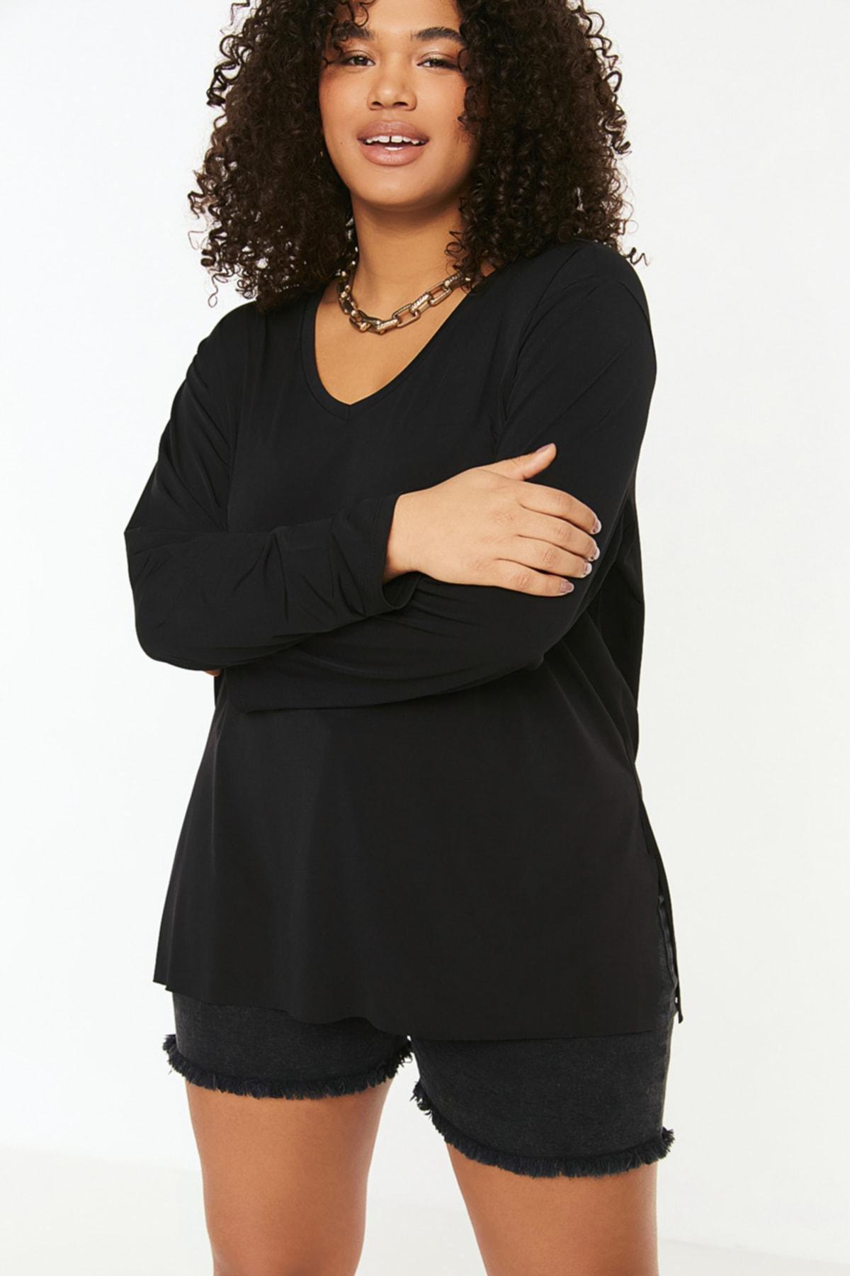 Black V Neck Plus Size Blouse, , large image number 0
