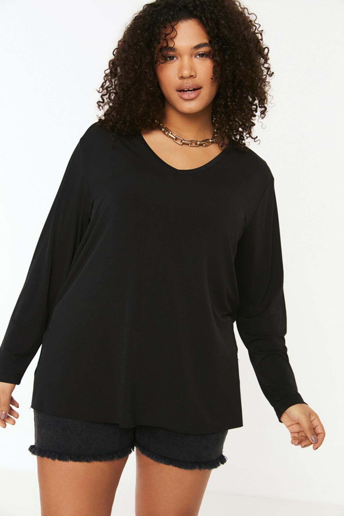 Black V Neck Plus Size Blouse, , large image number 1