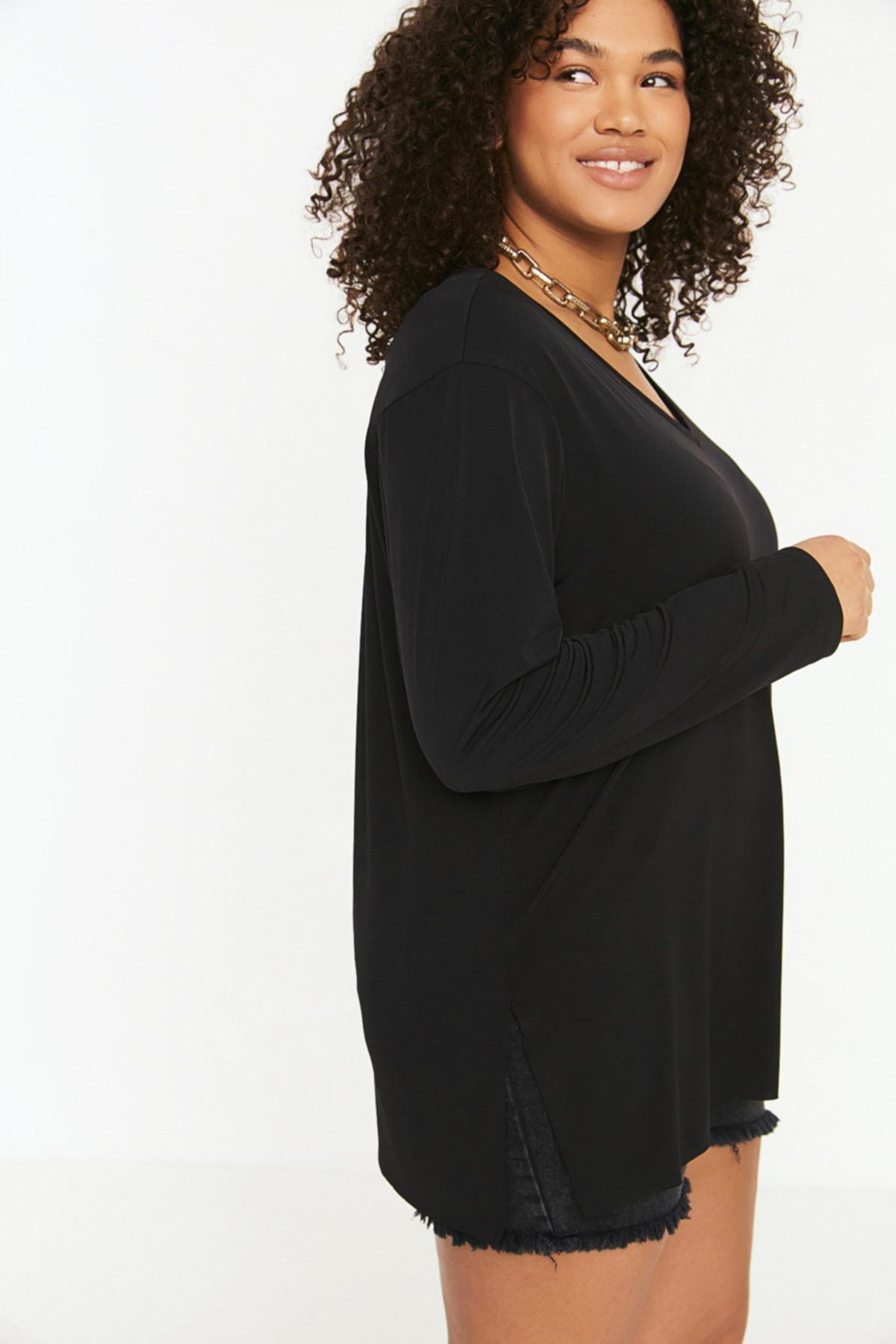 Trendyol - Black V Neck Plus Size Blouse