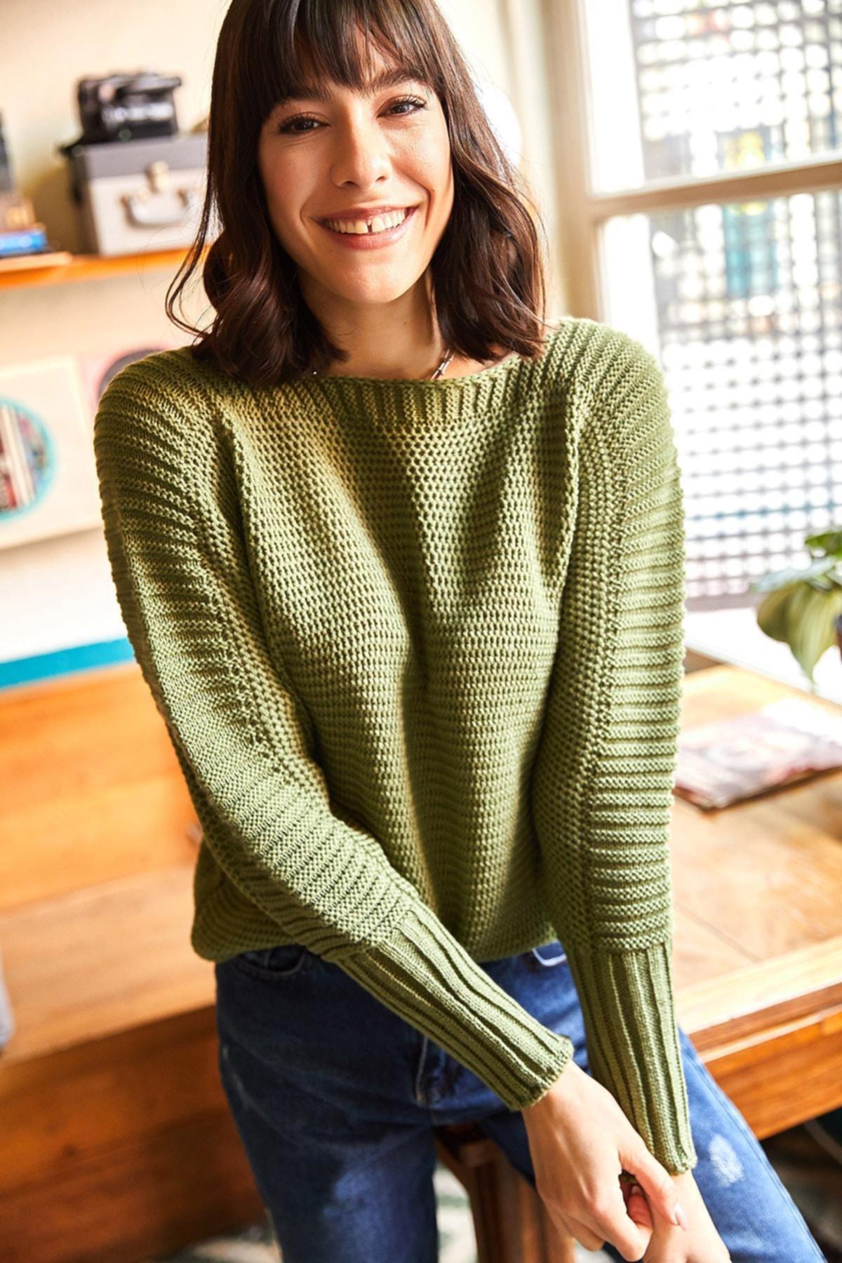 Khaki Sleeve Detailed Honeycomb Sweater, Light Khaki, large image number 2