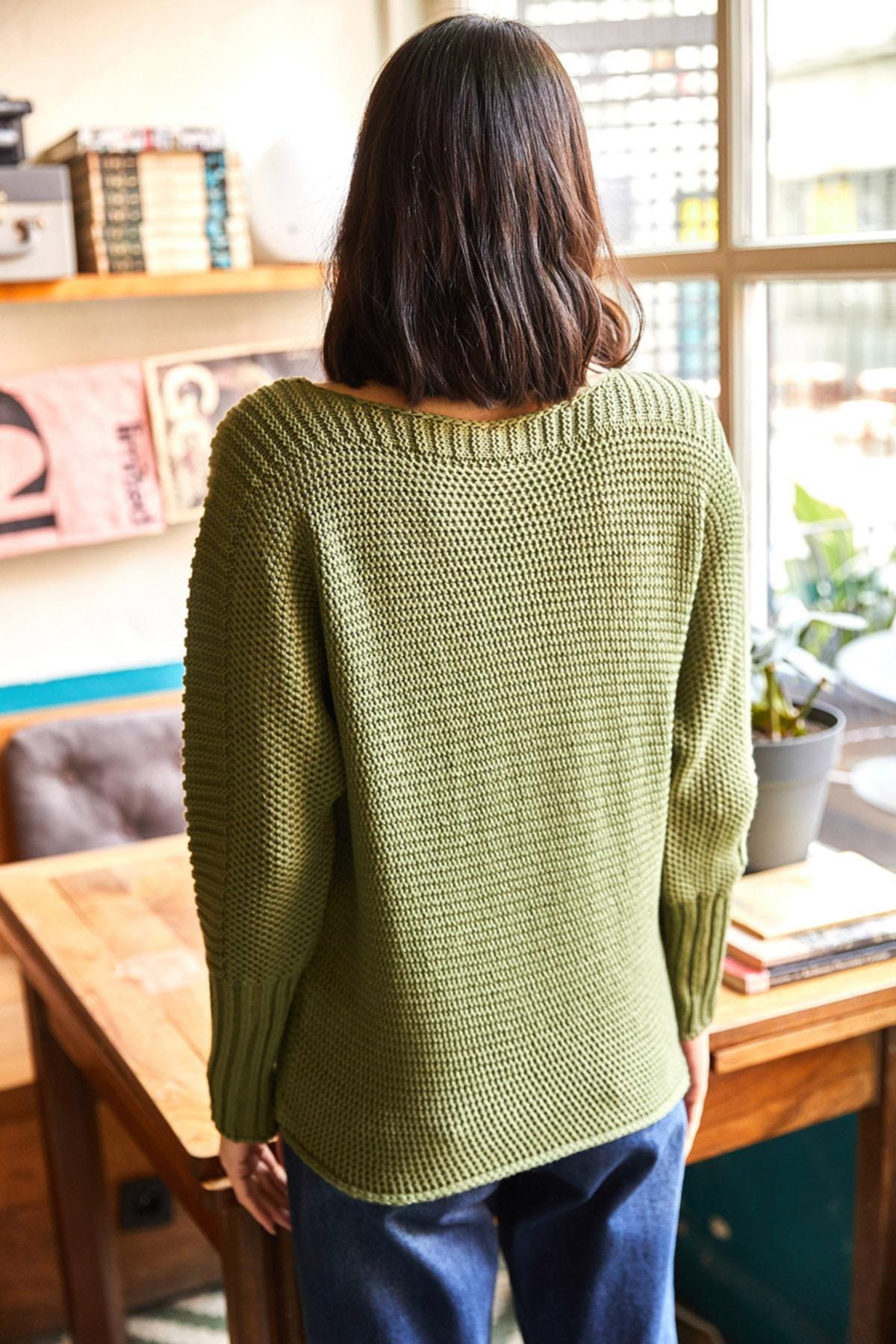 Khaki Sleeve Detailed Honeycomb Sweater, Light Khaki, large image number 4