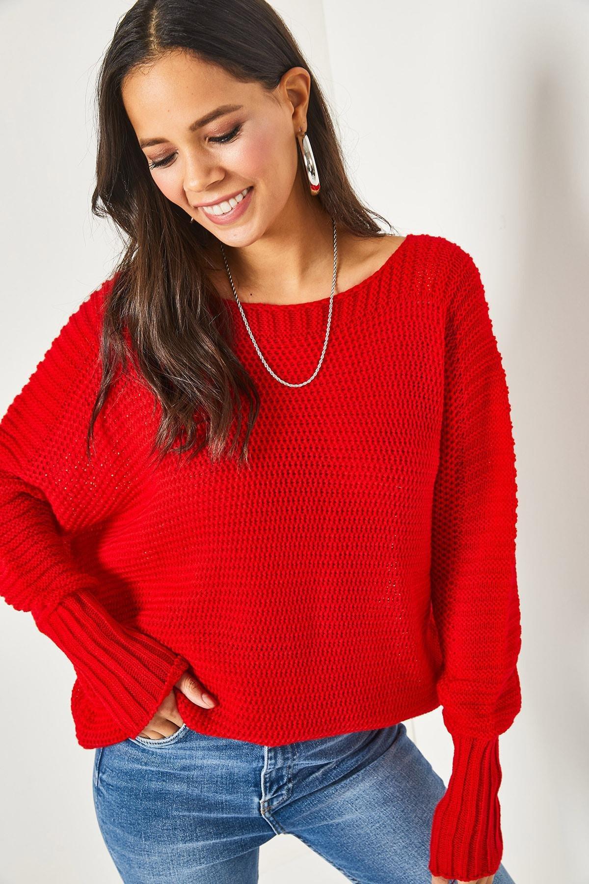 Red Sleeve Detailed Honeycomb Knitted Sweater, Red, large image number 1