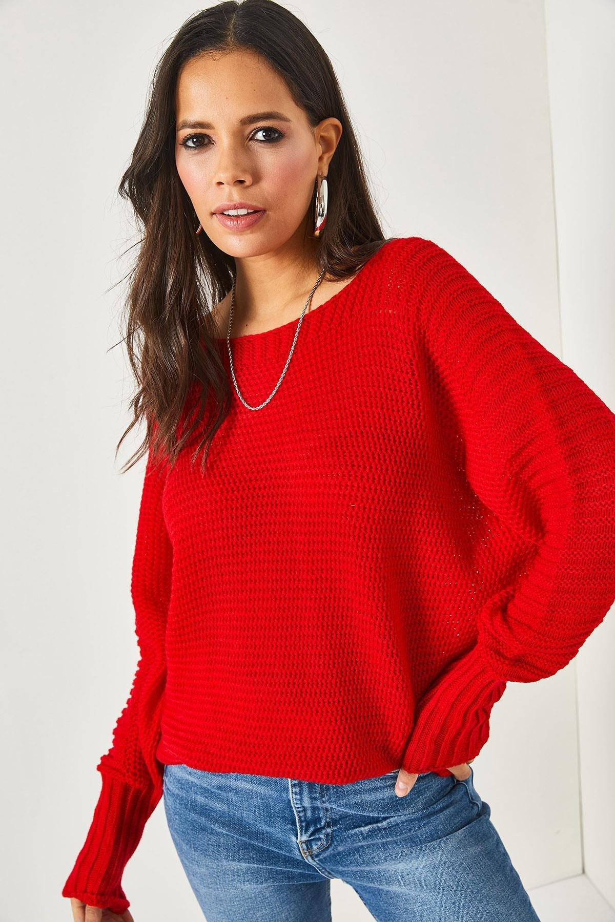 Red Sleeve Detailed Honeycomb Knitted Sweater, Red, large image number 2