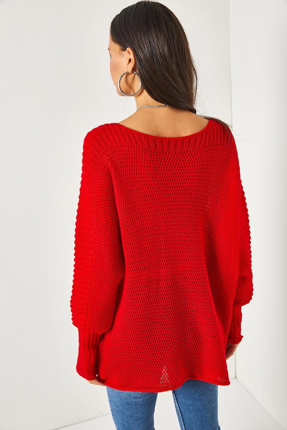 Red Sleeve Detailed Honeycomb Knitted Sweater, Red, large image number 3