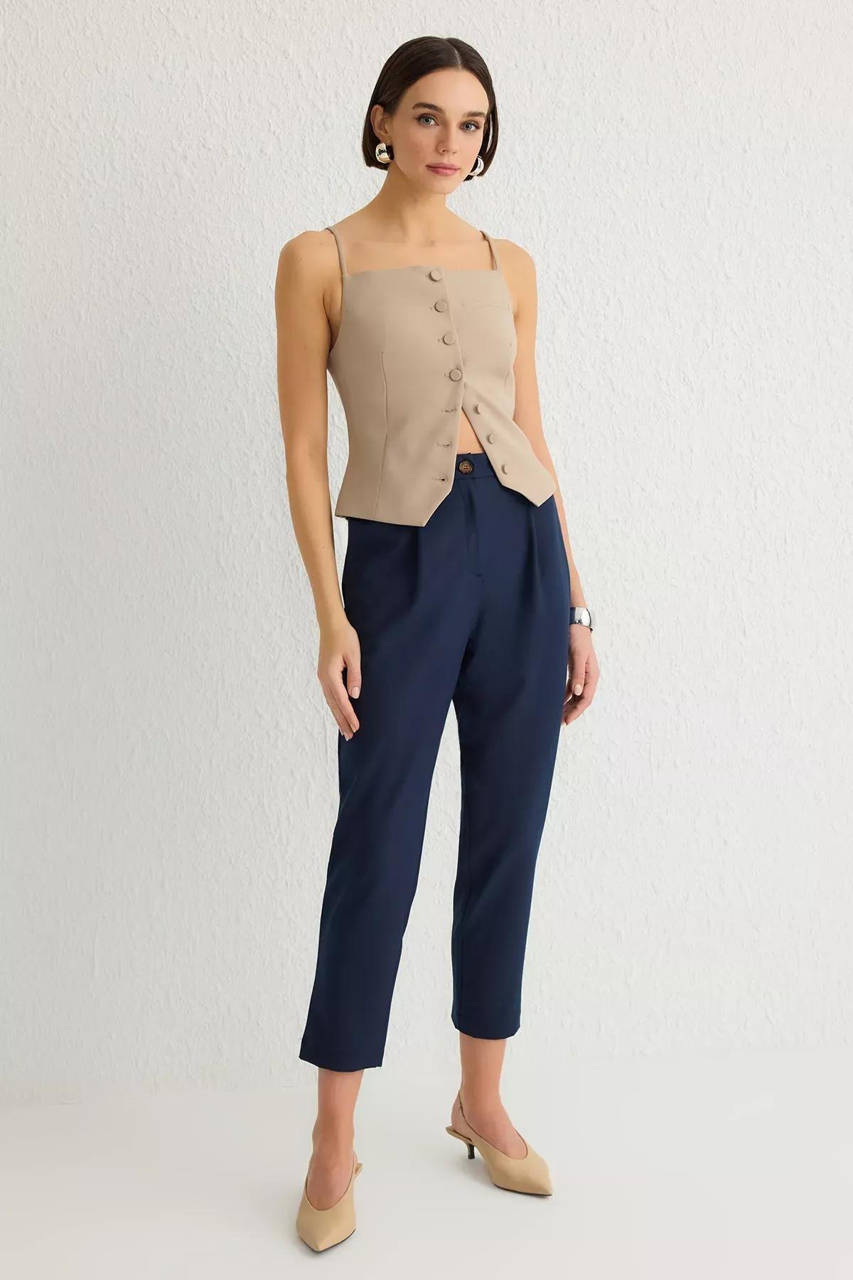 بنطال بقصة كاروت بخصر مرتفع، كحلي, Navy blue, large image number 0