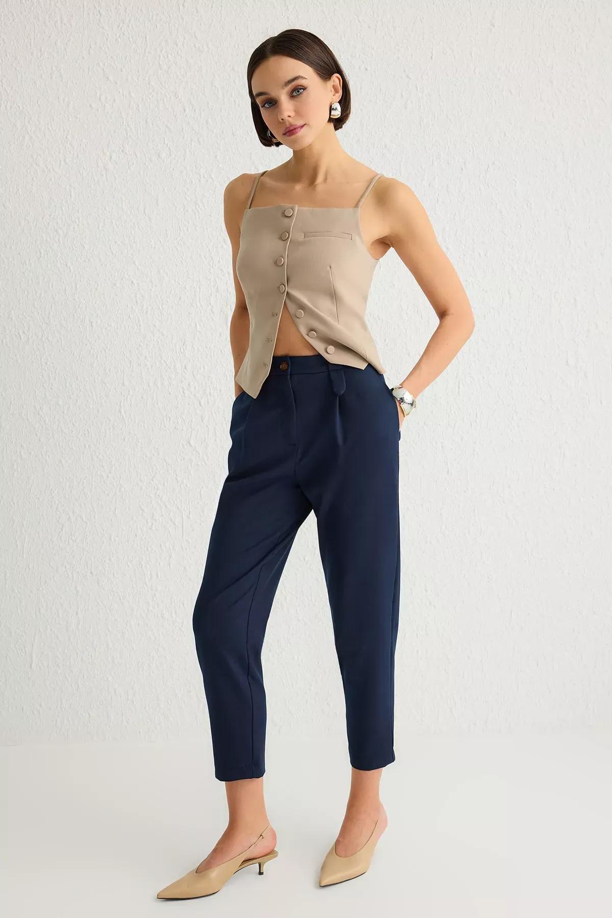 Navy Carrot High-Waist Trousers, , large image number 1