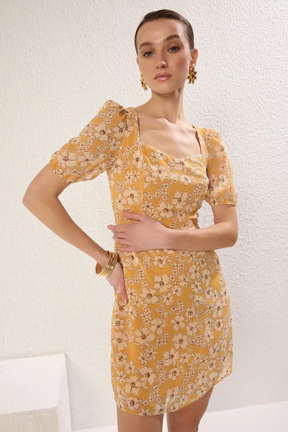 Yellow Floral Patterned Mini Dress, , large image number 1
