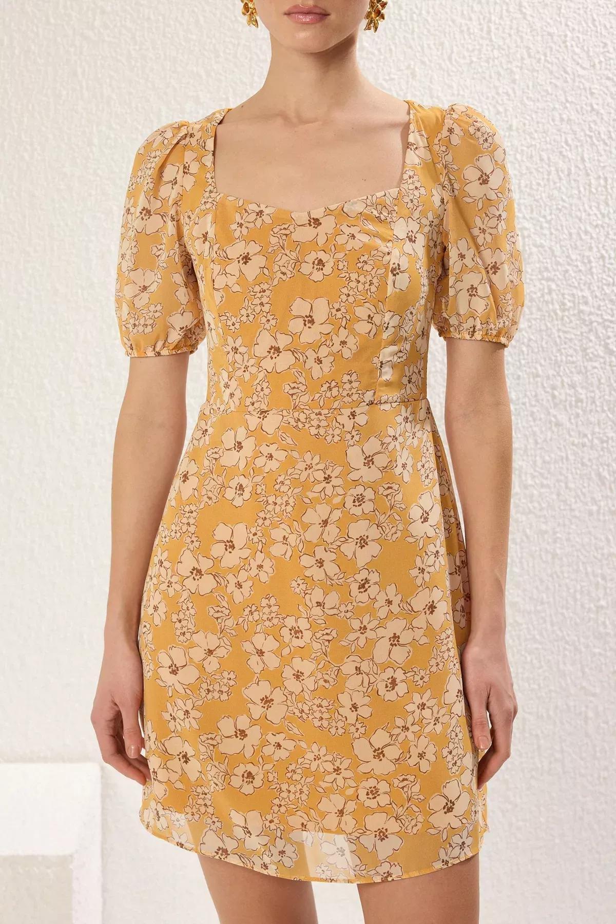Yellow Floral Patterned Mini Dress, , large image number 2