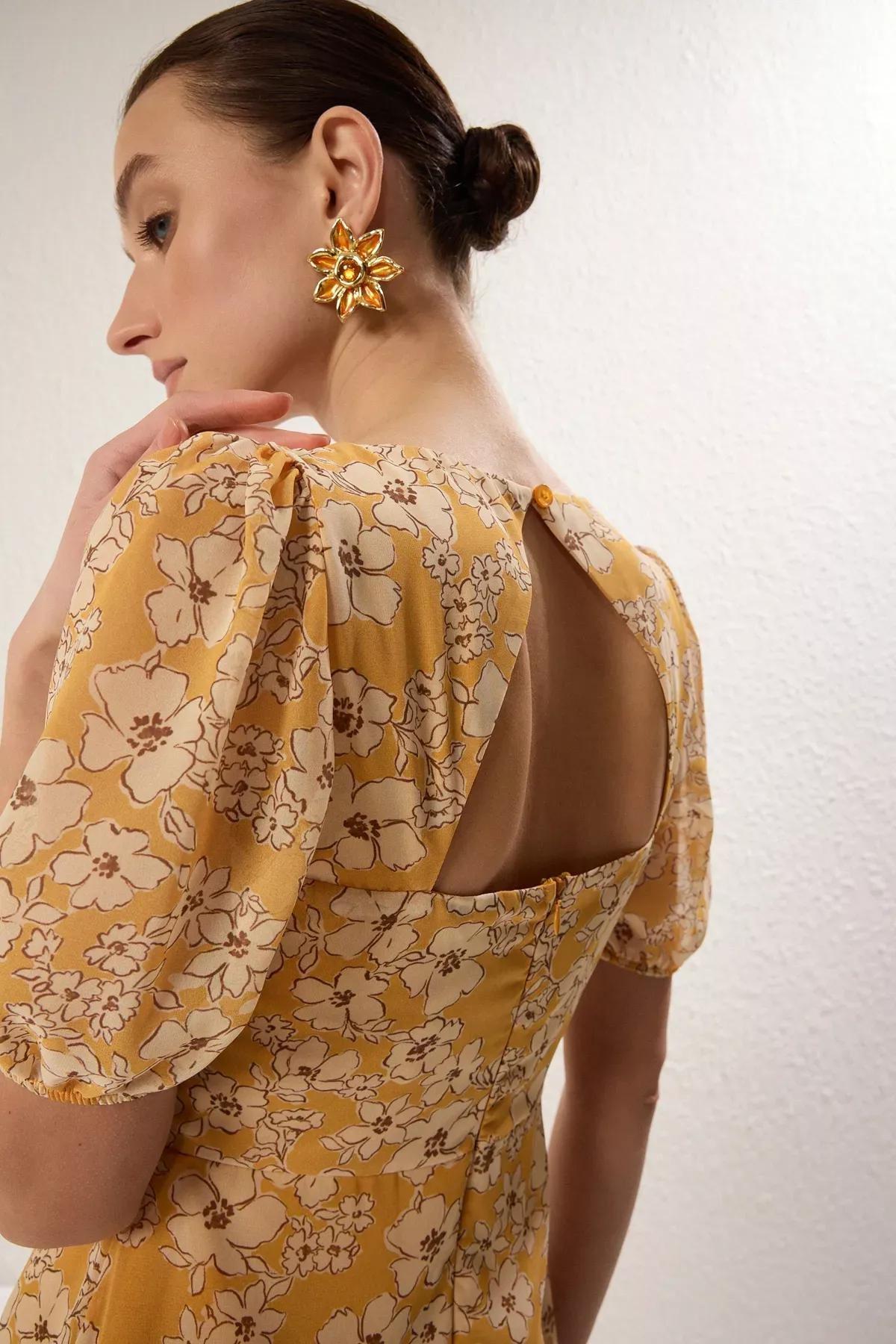 Yellow Floral Patterned Mini Dress, , large image number 3