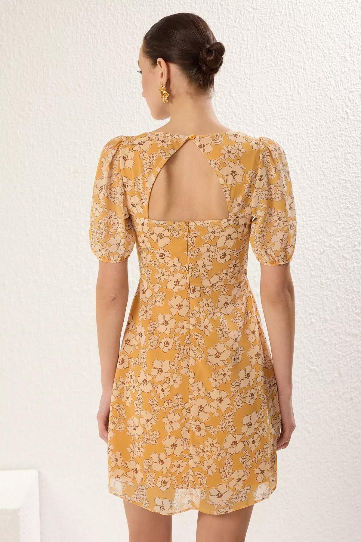 Yellow Floral Patterned Mini Dress, , large image number 4