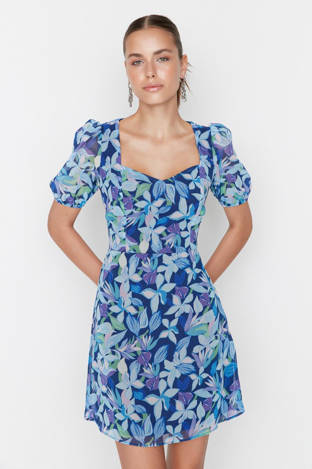 Blue Floral A-Line Dress, , large image number 0