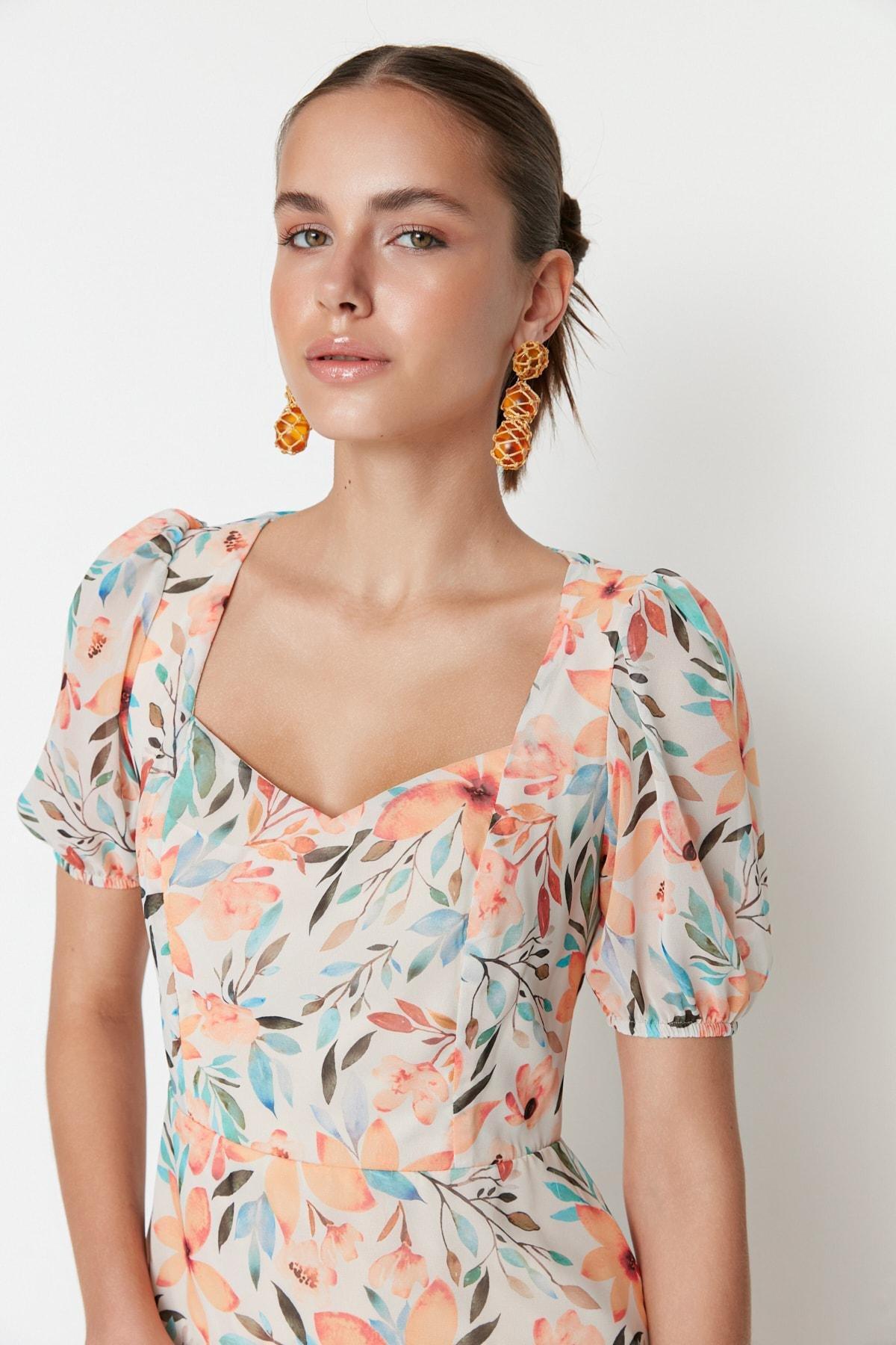 Trendyol - Ecru Floral A-Line Dress