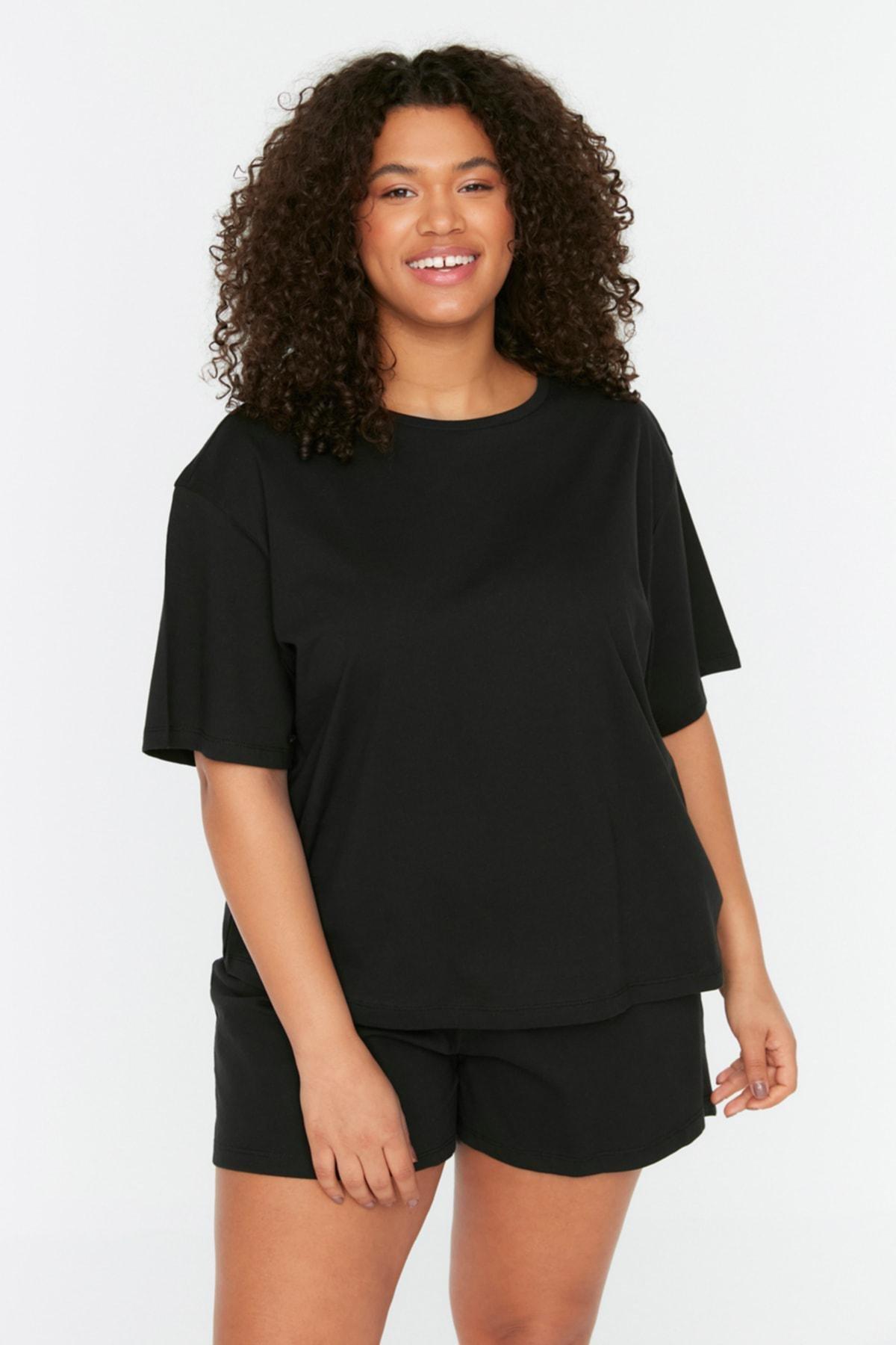 Black Plain Plus Size Pajama Set, , large image number 0