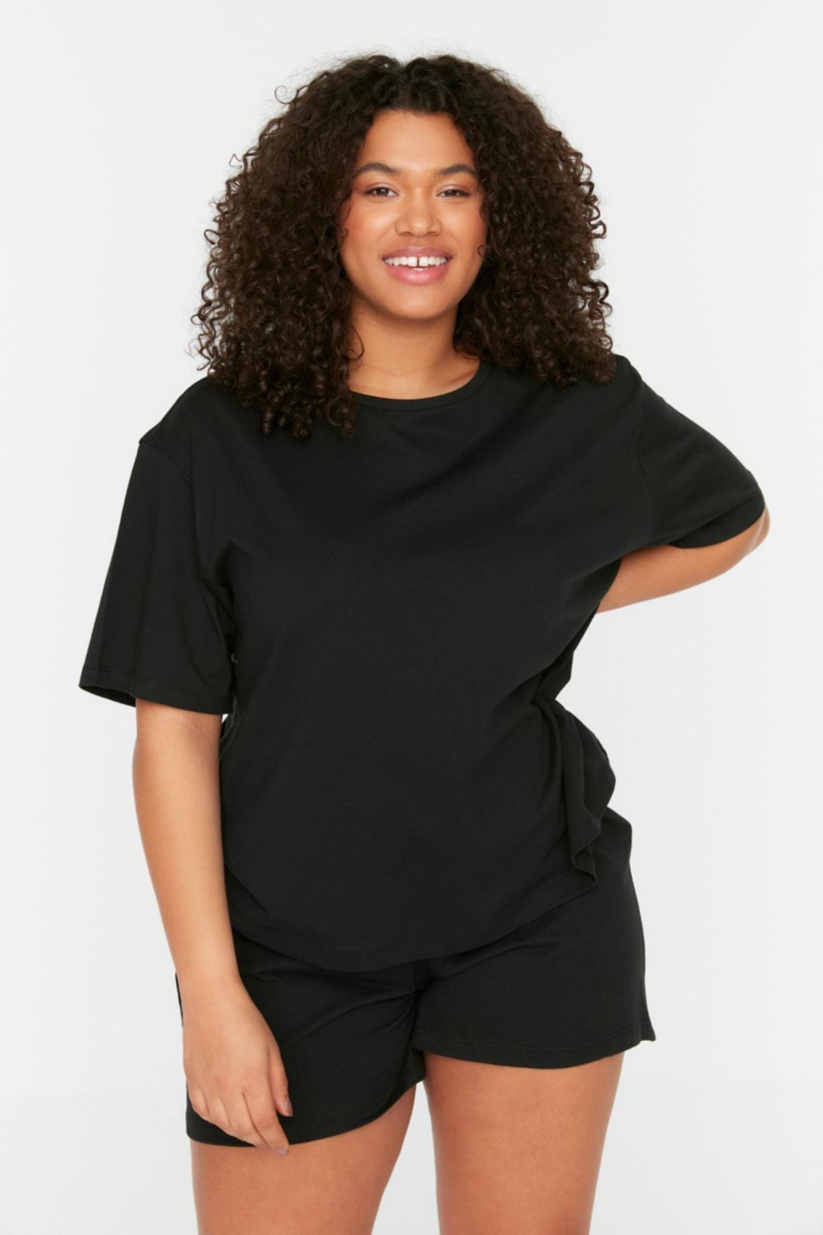 Black Plain Plus Size Pajama Set, Black, medium